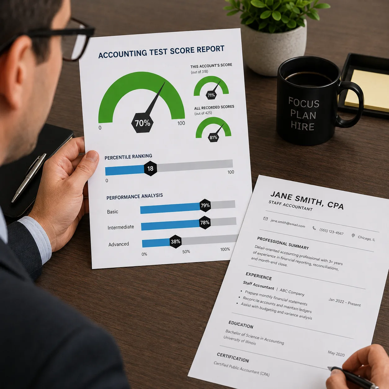 Accounting Report And Resume Review HR manager comparing accounting test score report to candidate resume