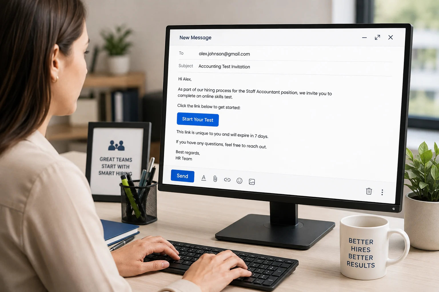 Accounting Test Email Invite HR team sending accounting test invitation link to job candidate