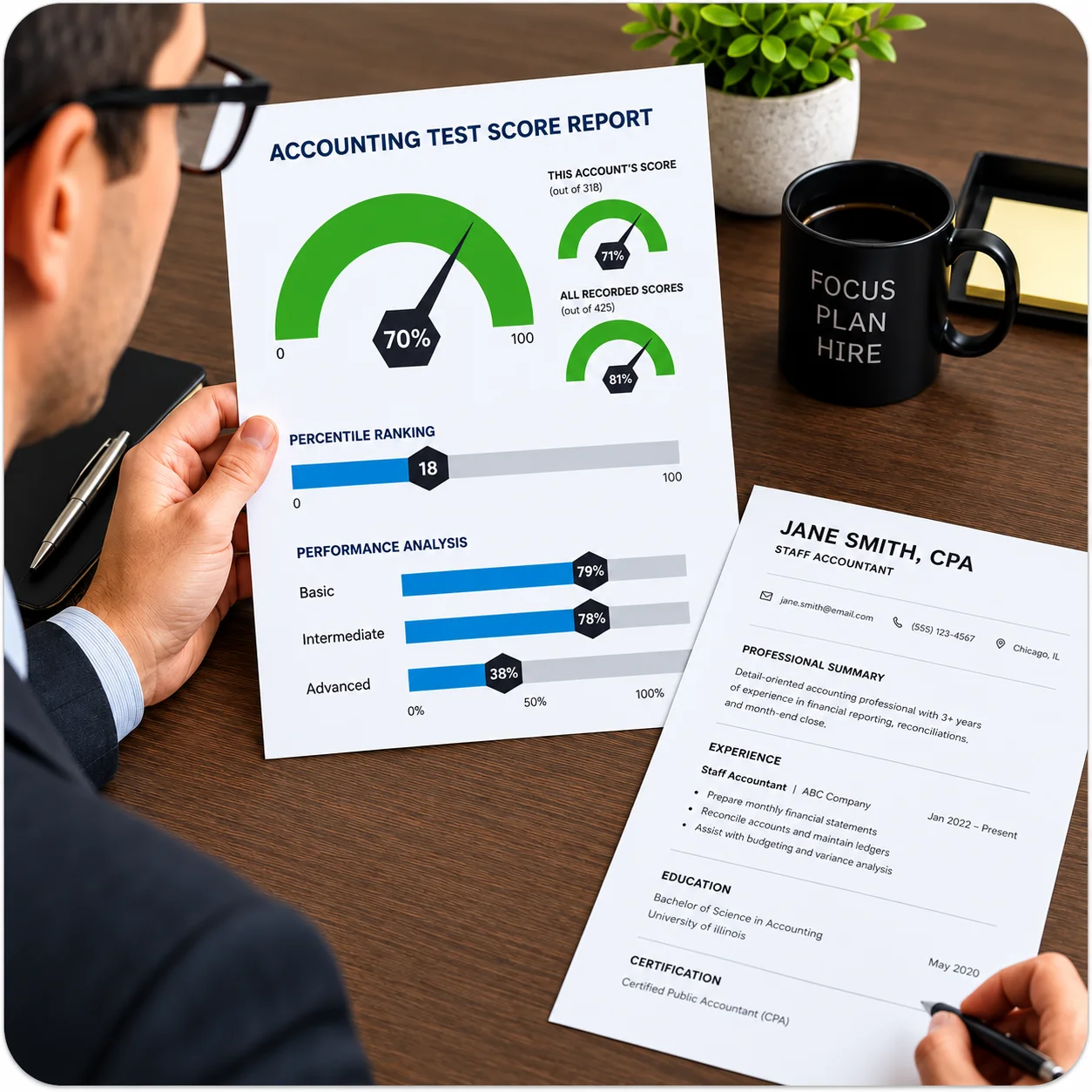 Accounting Test Score Review At Desk | EmployTest HR manager comparing accounting test score report to candidate resume