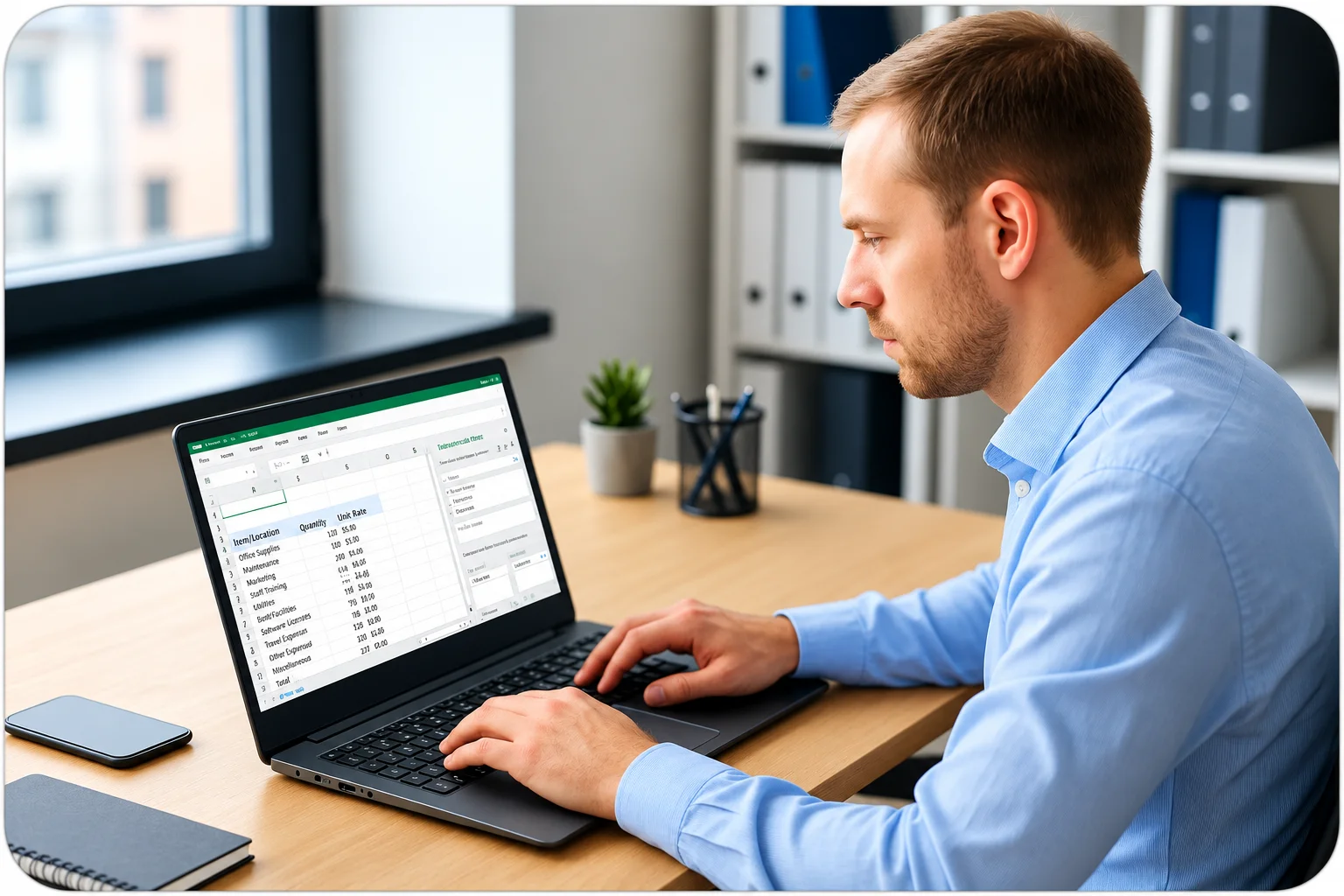Focused Professional Reviewing Spreadsheet 1 | EmployTest Financial analyst reviewing a pivot table report in Microsoft Excel on a laptop in an office setting.