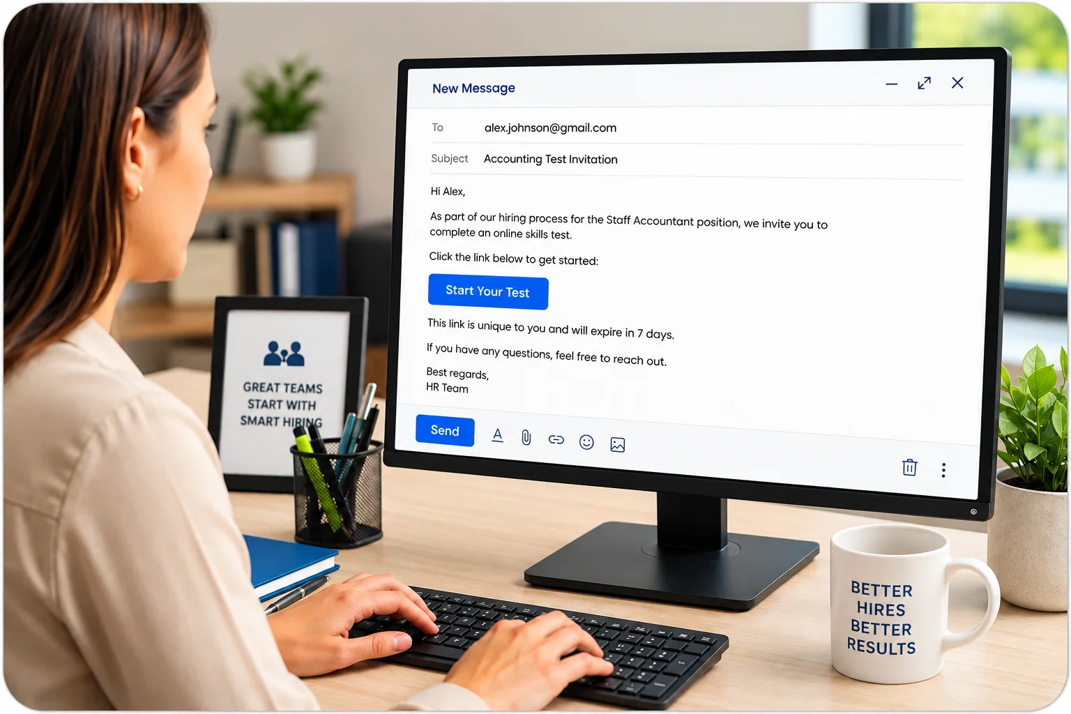 Professional Hiring Email Workspace | EmployTest HR team sending accounting test invitation link to job candidate