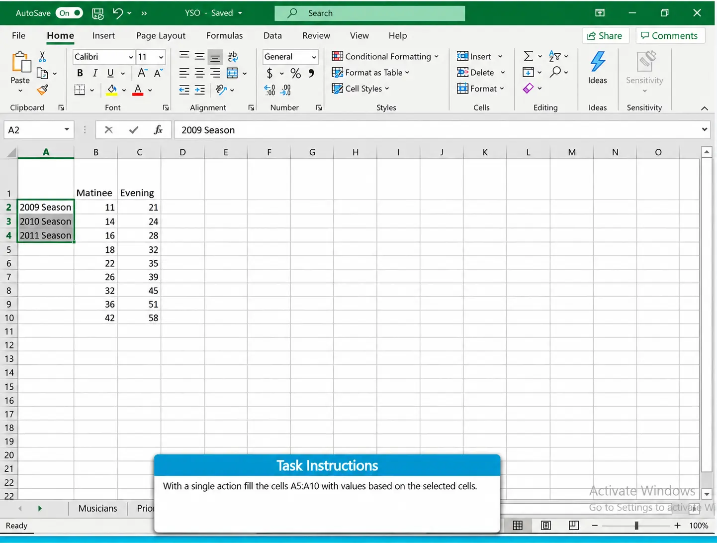 Excel Sample Question Beginner | EmployTest Screenshot of a beginner Microsoft Excel skills test showing selected cells with season data and instructions to fill the remaining cells using a single action.