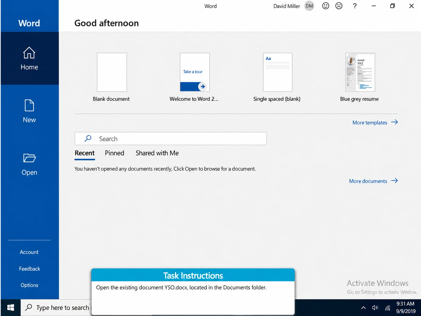 Microsoft Office Skills Test Sample Question Opening A Word Document | EmployTest Screenshot of a Microsoft Office skills test sample question showing the Microsoft Word start screen with instructions to open an existing document from the Documents folder.