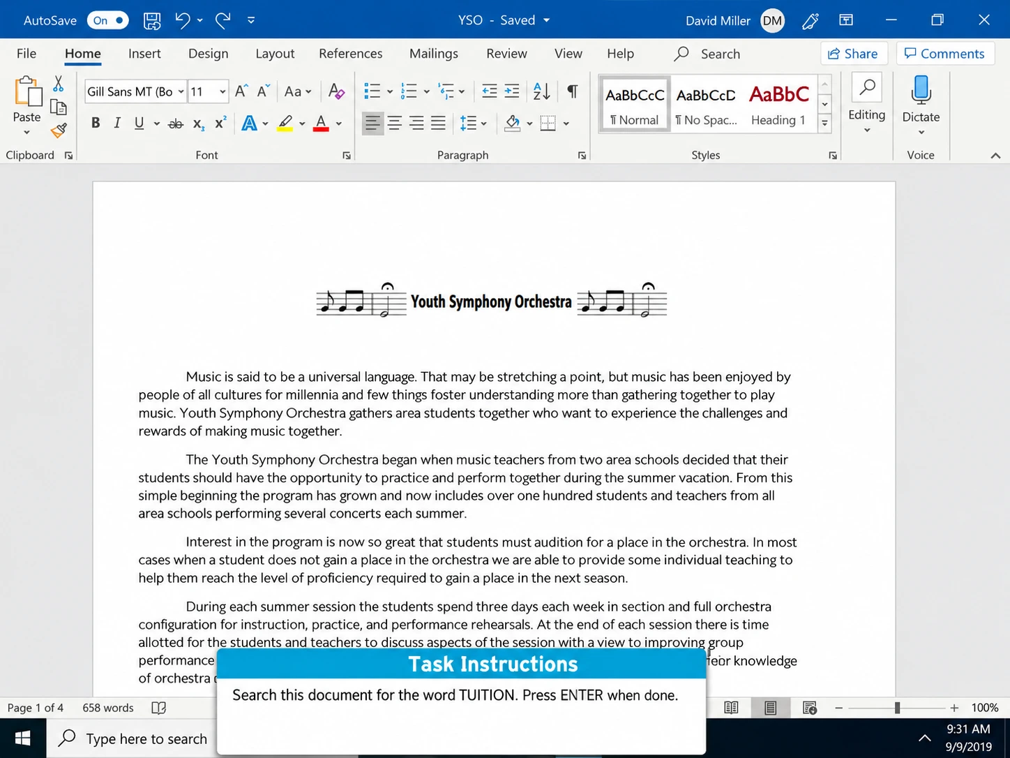Microsoft Office Skills Test Sample Question Word Document Search | EmployTest Screenshot of a Microsoft Office skills test sample question showing a Word document with instructions to search for the word "TUITION."