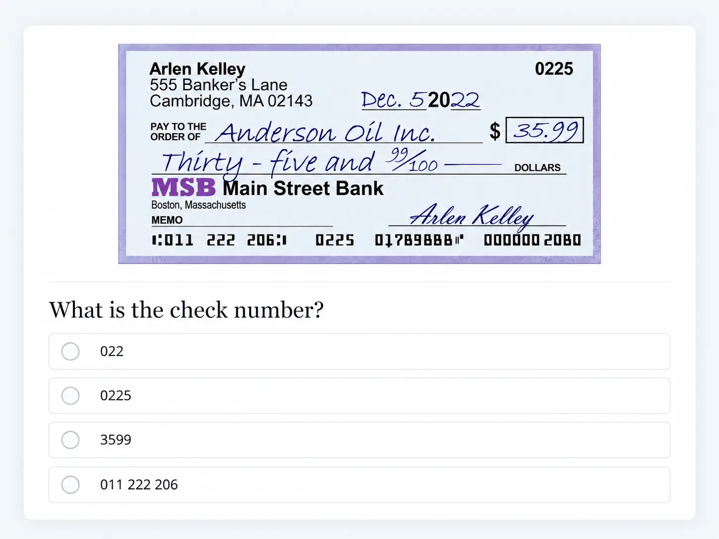 Sample Interactive Check Number Question For Accounting Test | EmployTest Accounting Business Documents Test sample question showing a bank check and asking applicants to identify the correct check number.