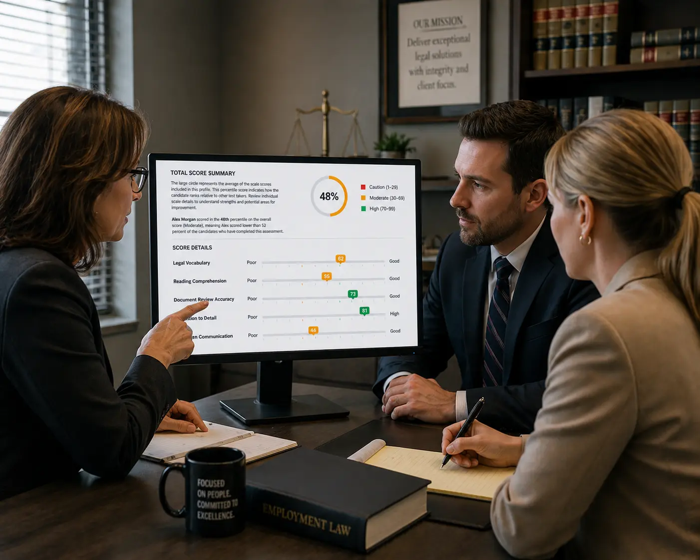 Assessment Report Review In Law Office | EmployTest Small law firm team reviewing candidate results on a computer screen