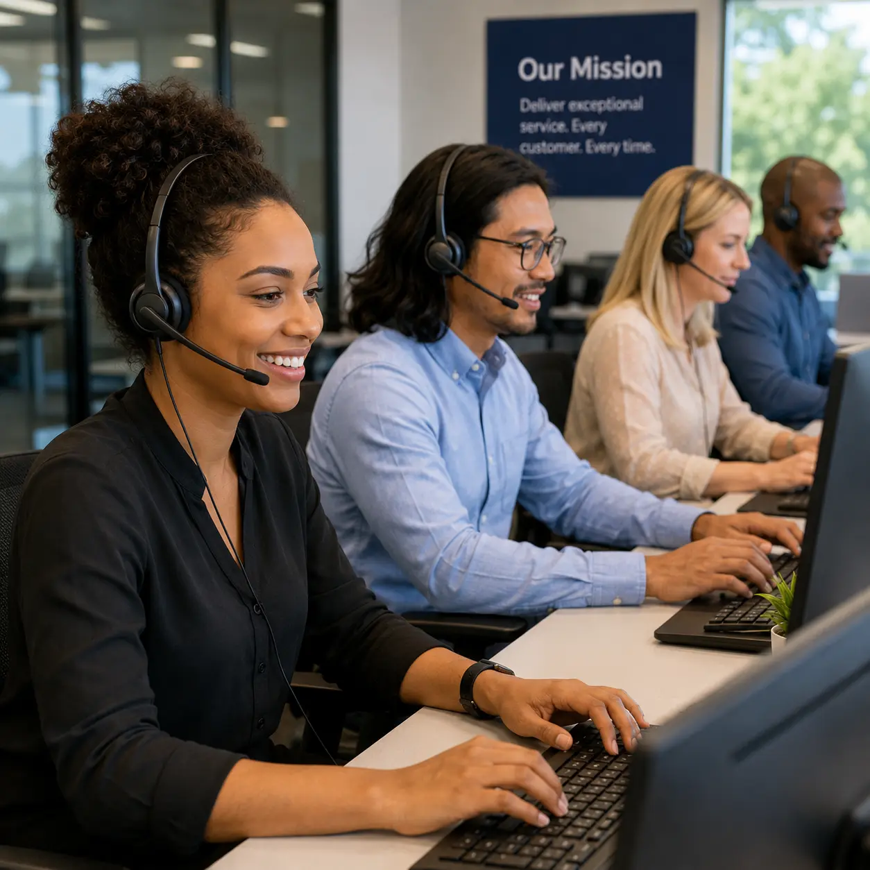 Busy Call Center Team In Action Customer service team at a contact center. Pre-employment customer service aptitude testing helps identify top candidates before hire.