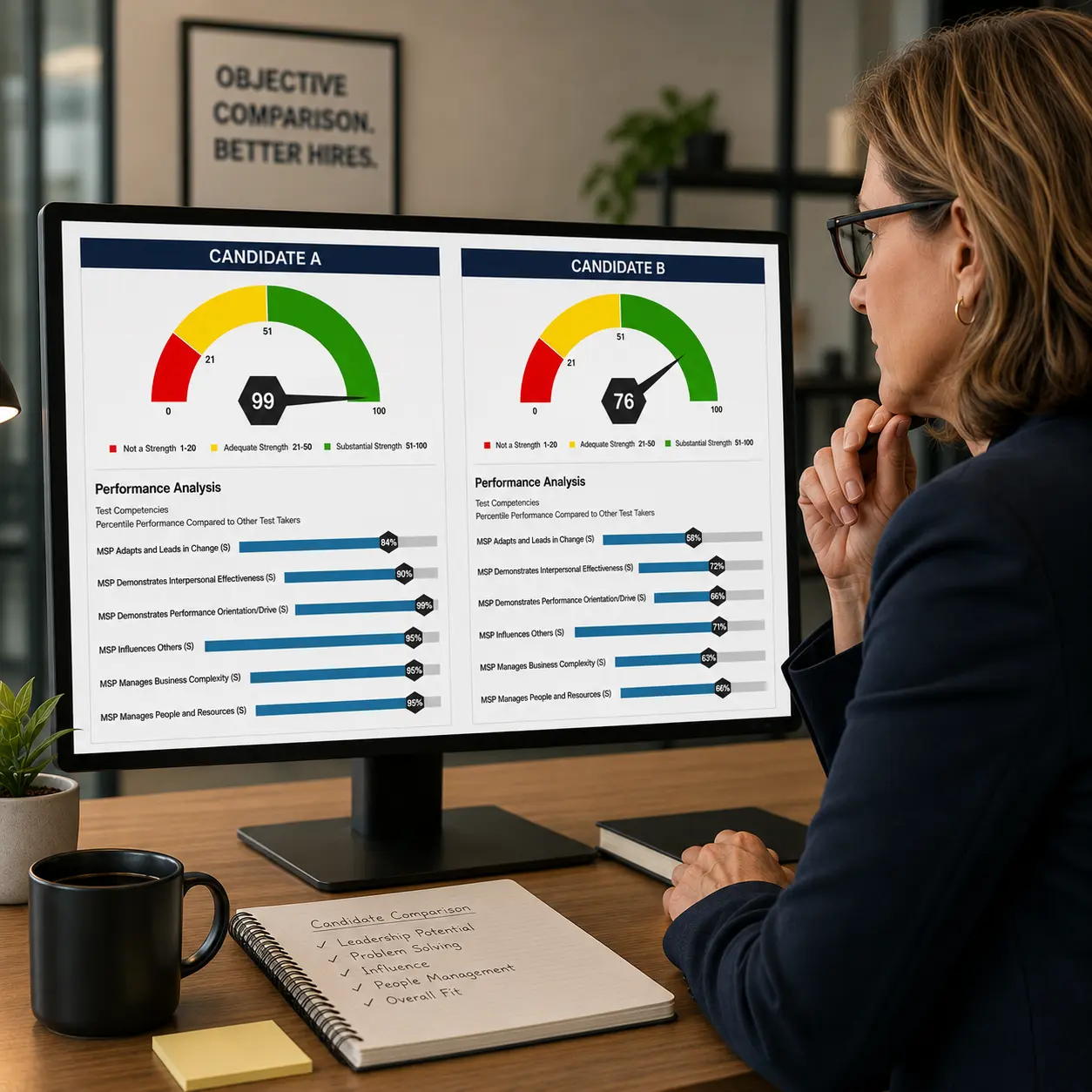 Candidate Comparison In The Workplace HR manager comparing two management candidate score reports side by side.