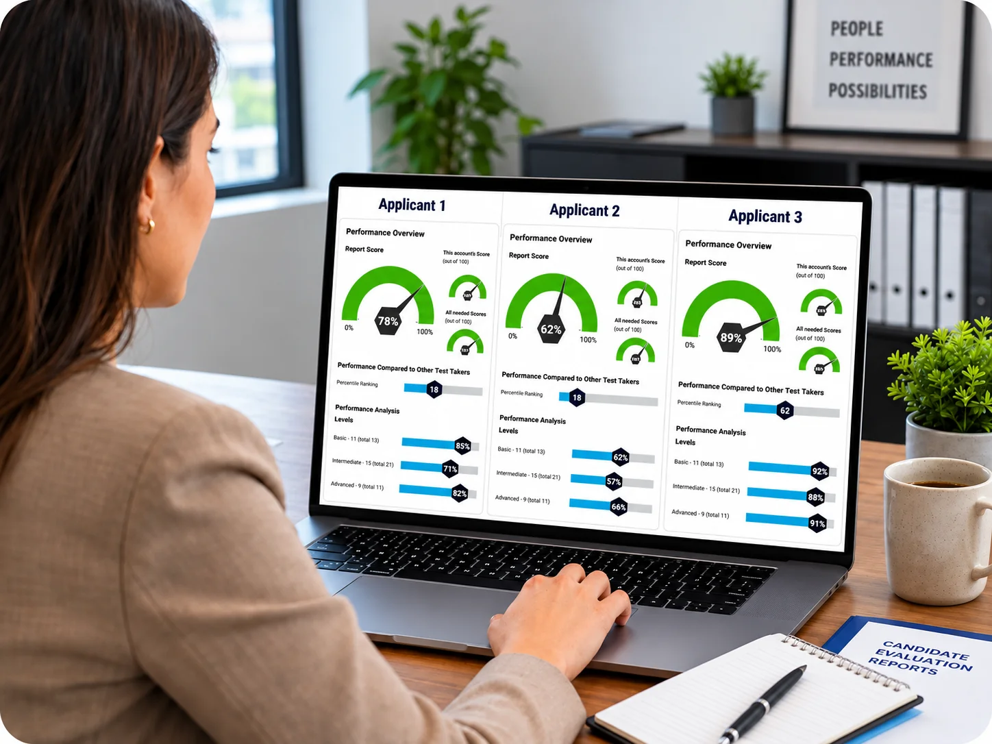 Applicant Dashboard In A Modern Office | EmployTest HR manager reviewing pre-employment basic skills test results to compare entry-level job candidates objectively.