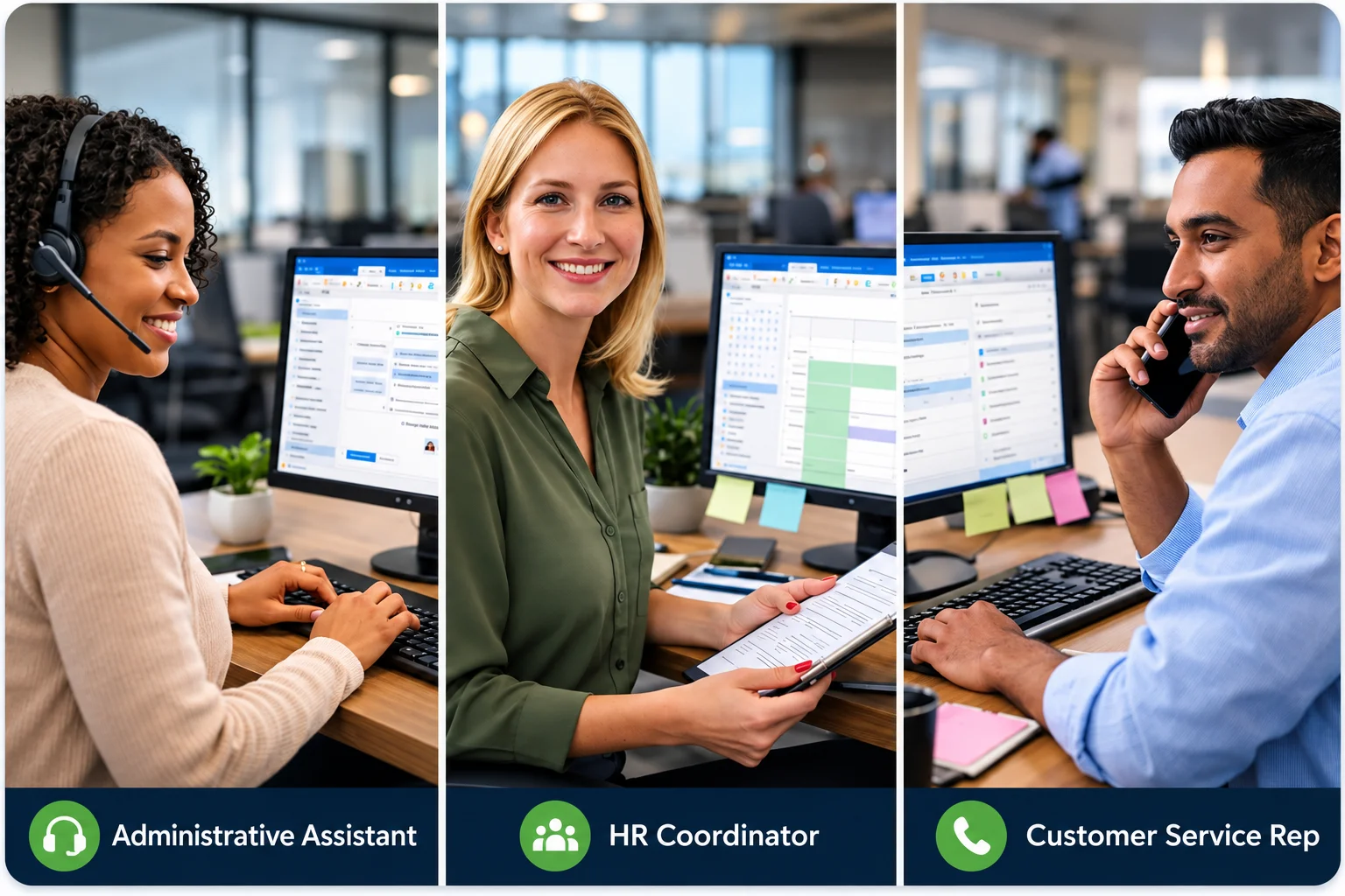 Administrative assistants, HR coordinators, and customer service reps who benefit from Microsoft Outlook testingCorporate Support Team Triptych | EmployTest Administrative assistants, HR coordinators, and customer service reps who benefit from Microsoft Outlook testing