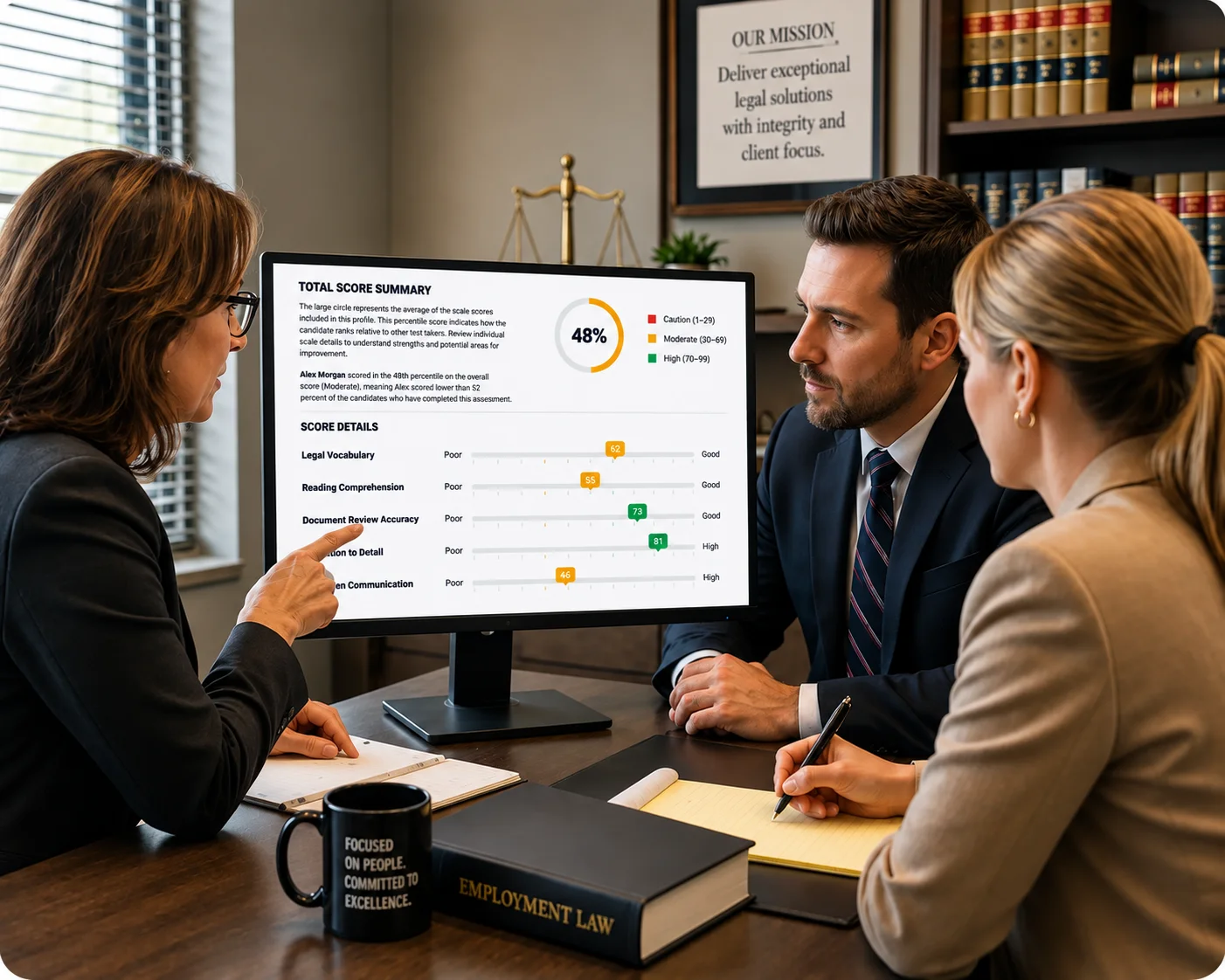 Law Team Reviewing Score Dashboard | EmployTest Small law firm team reviewing candidate results on a computer screen
