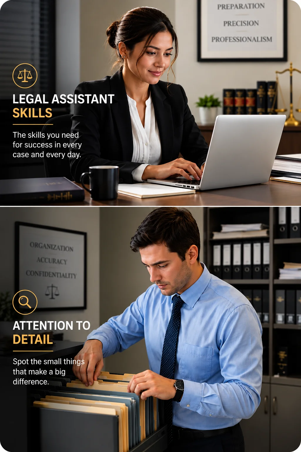 Legal Assistant Skills And Attention To Detail | EmployTest Split portrait image of two legal assistants in a law office. Top image shows a female paralegal typing on a laptop with overlay text “Legal Assistant Skills.” Bottom image shows a male legal assistant organizing files with overlay text “Attention to Detail.” Professional legal office setting with modern, clean design.