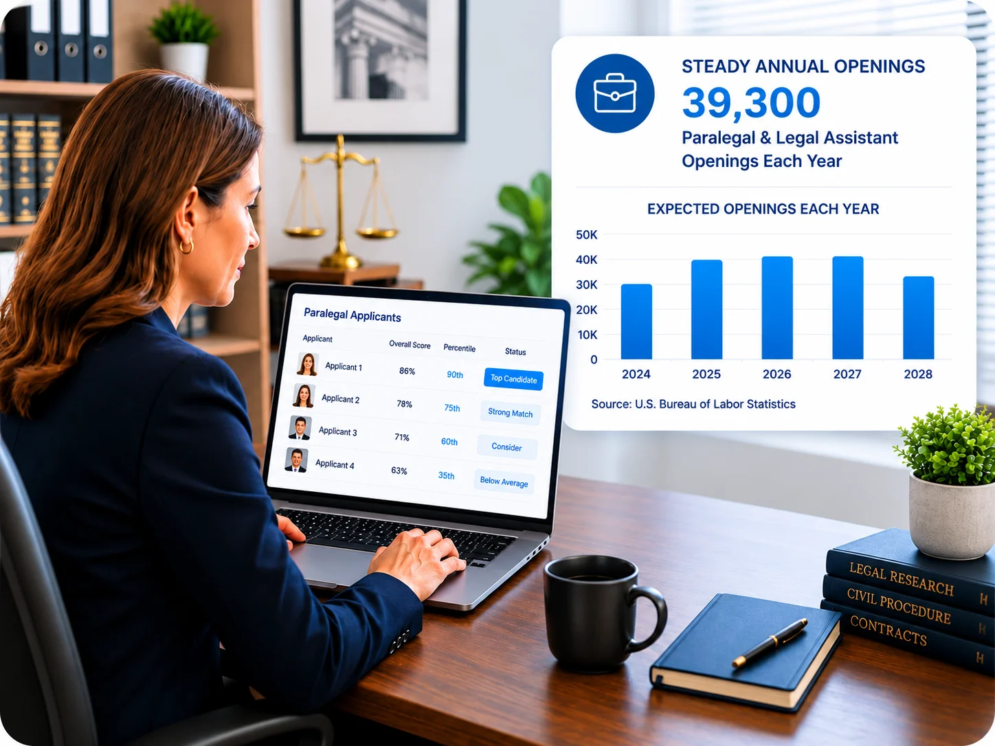 Modern Legal Office Dashboard | EmployTest HR manager comparing paralegal applicants in her laptop