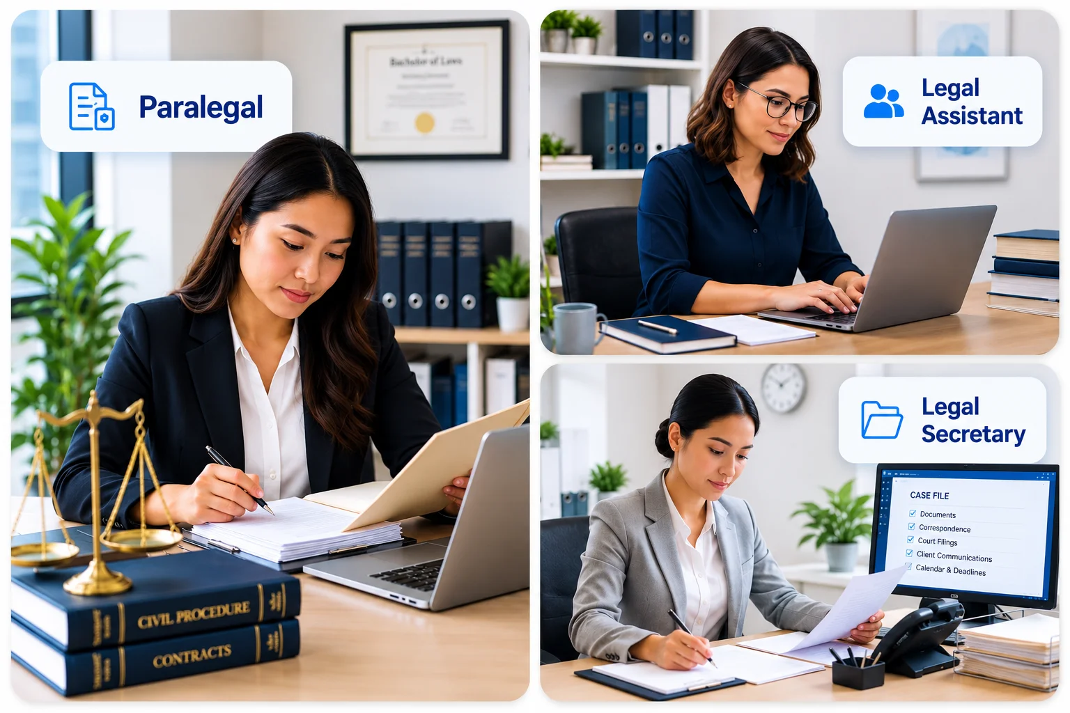 Modern Legal Office Roles Collage | EmployTest Legal team roles that benefit from a paralegal skills assessment test