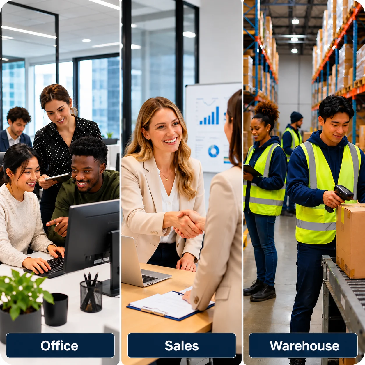 Office Sales And Warehouse Teamwork | EmployTest Entry-level employees in office and sales environments suited for pre-employment basic employment skills testing before hire.