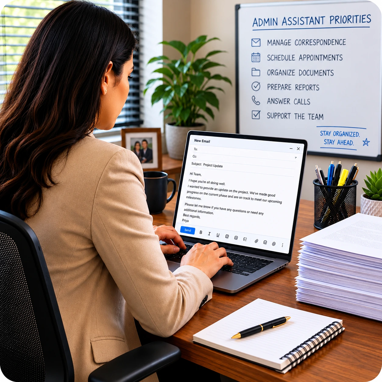 Organised Office Email Update | EmployTest Administrative professional using written communication skills in a workplace setting