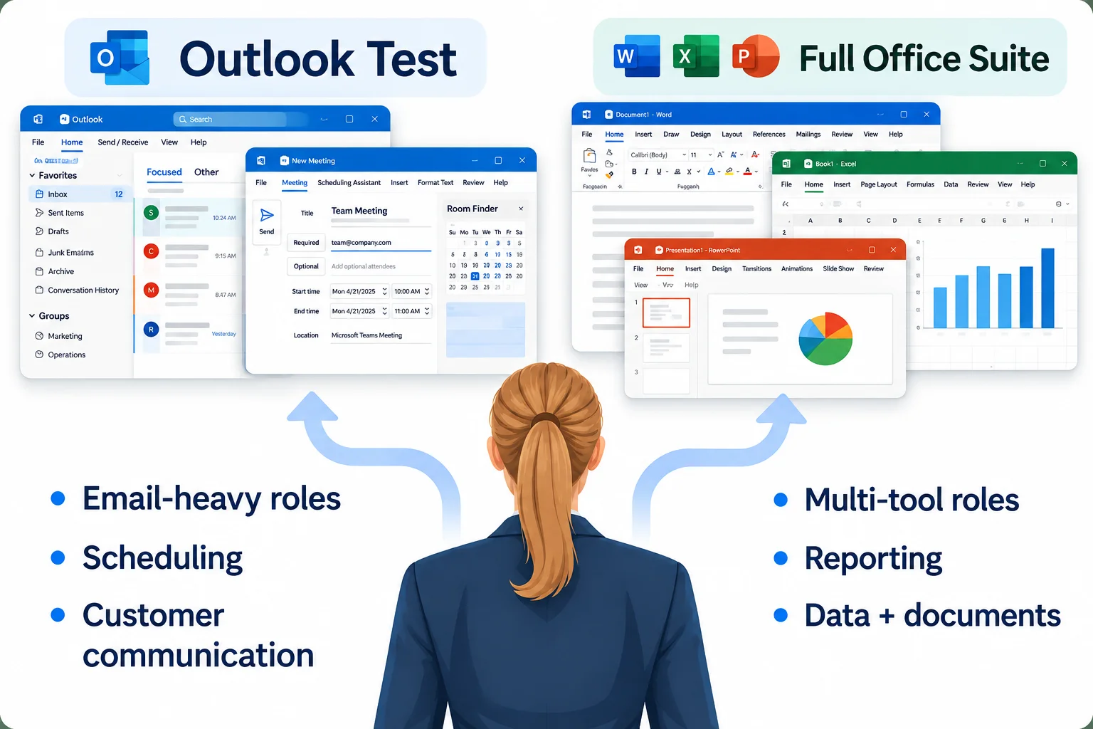 Outlook Or Full Office Suite Comparison 1 | EmployTest Side-by-side comparison showing when to use an Outlook test for email-heavy roles versus a full Microsoft Office skills test for multi-tool roles like reporting and data work.