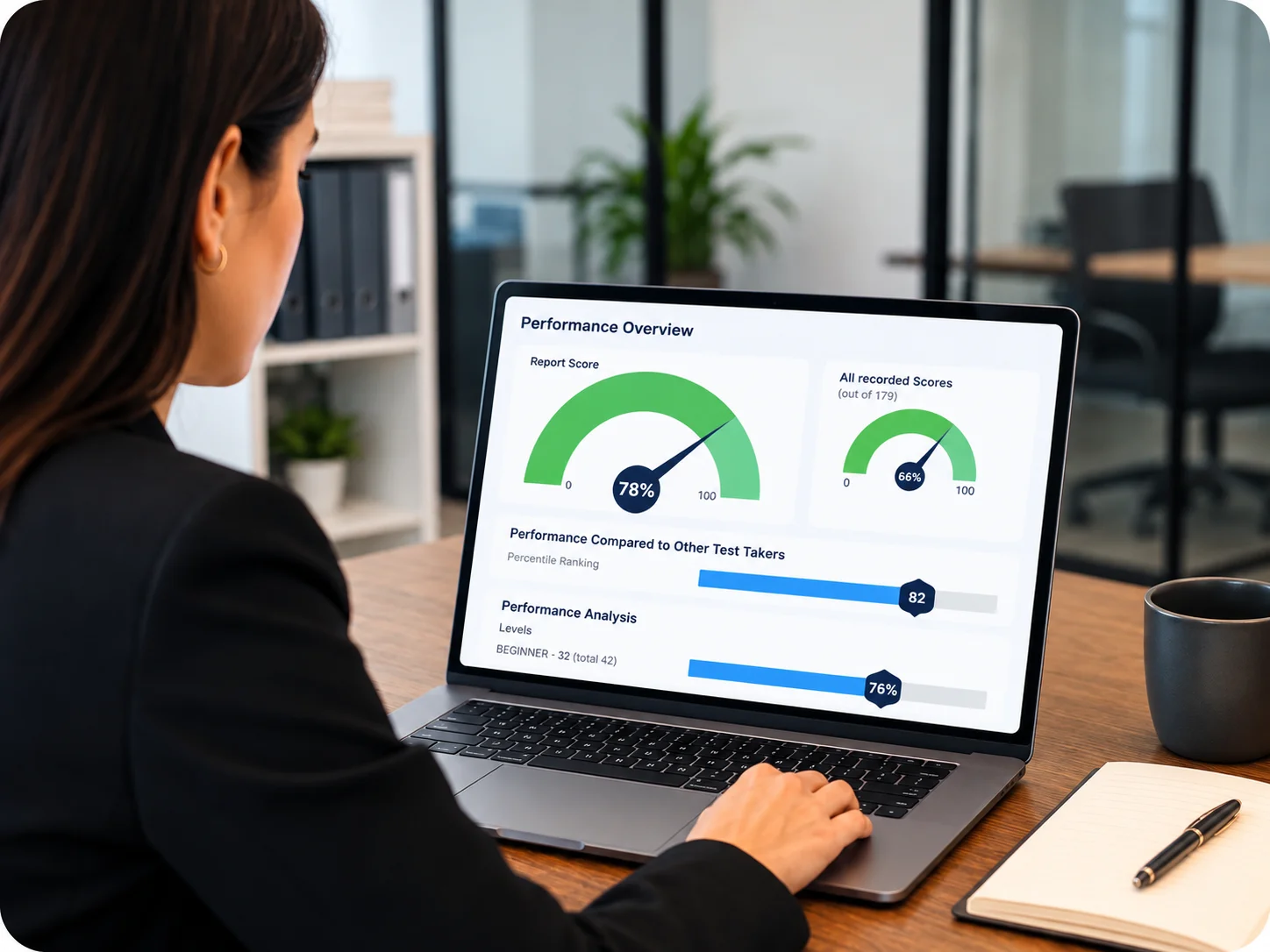Performance Dashboard In A Modern Office | EmployTest HR manager reviewing pre-employment paralegal test results