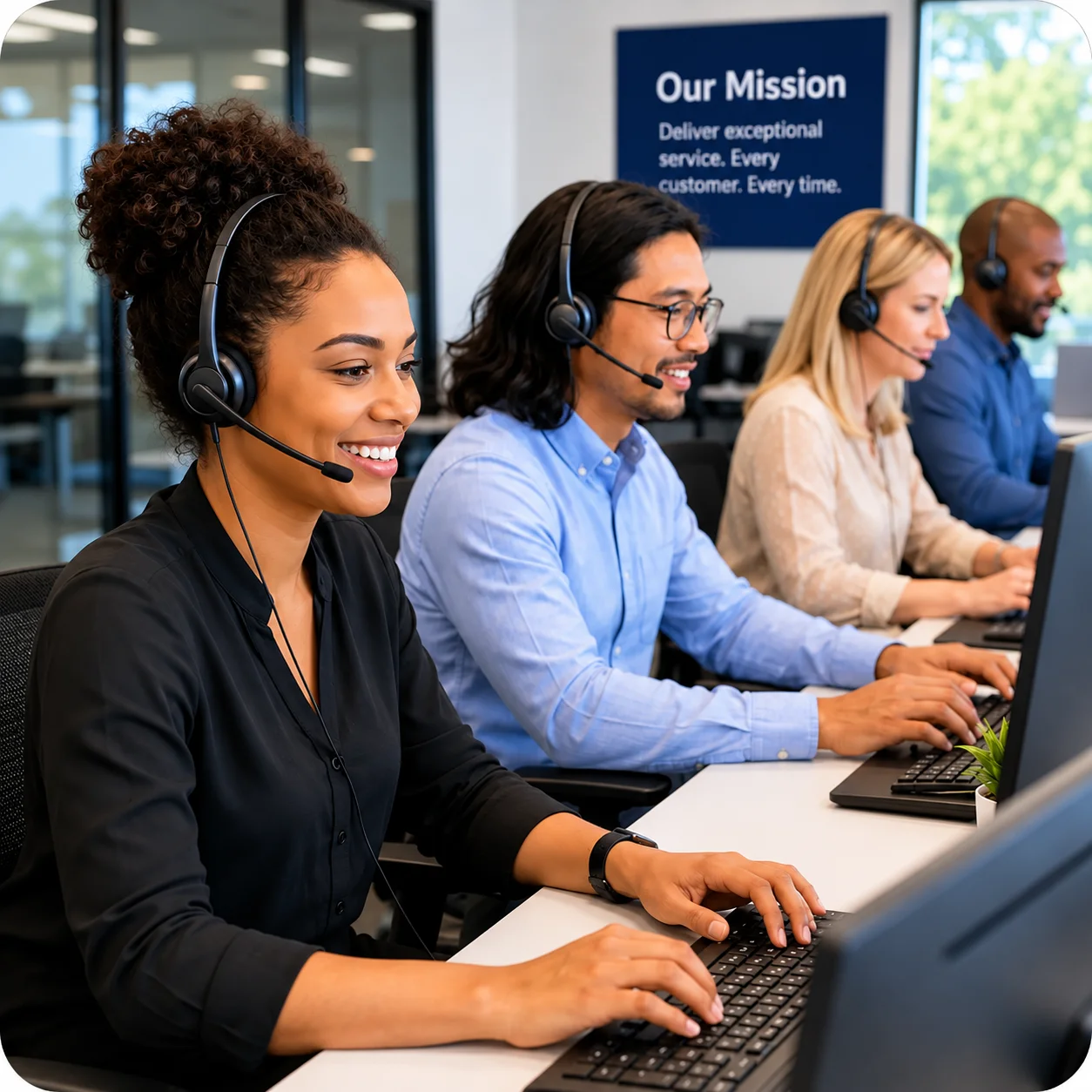 Smiling Customer Service Team At Work | EmployTest Customer service team at a contact center. Pre-employment customer service aptitude testing helps identify top candidates before hire.