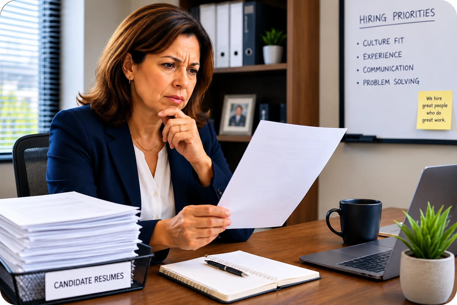 Thoughtful Candidate Resume Review | EmployTest Middle-aged female hiring manager reviewing a stack of candidate resumes at her desk while evaluating job applicants in a professional office setting. Human resources recruitment and employee hiring process.