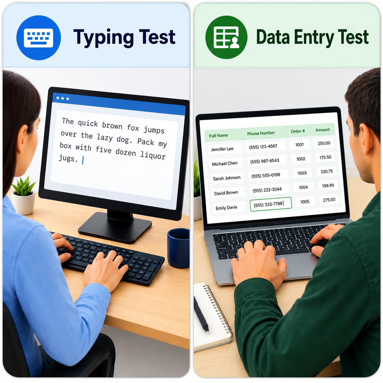 Typing And Data Entry Assessment Banner | EmployTest Side-by-side comparison showing a typing test with paragraph input and a data entry test with structured fields, highlighting WPM vs KPH scoring.