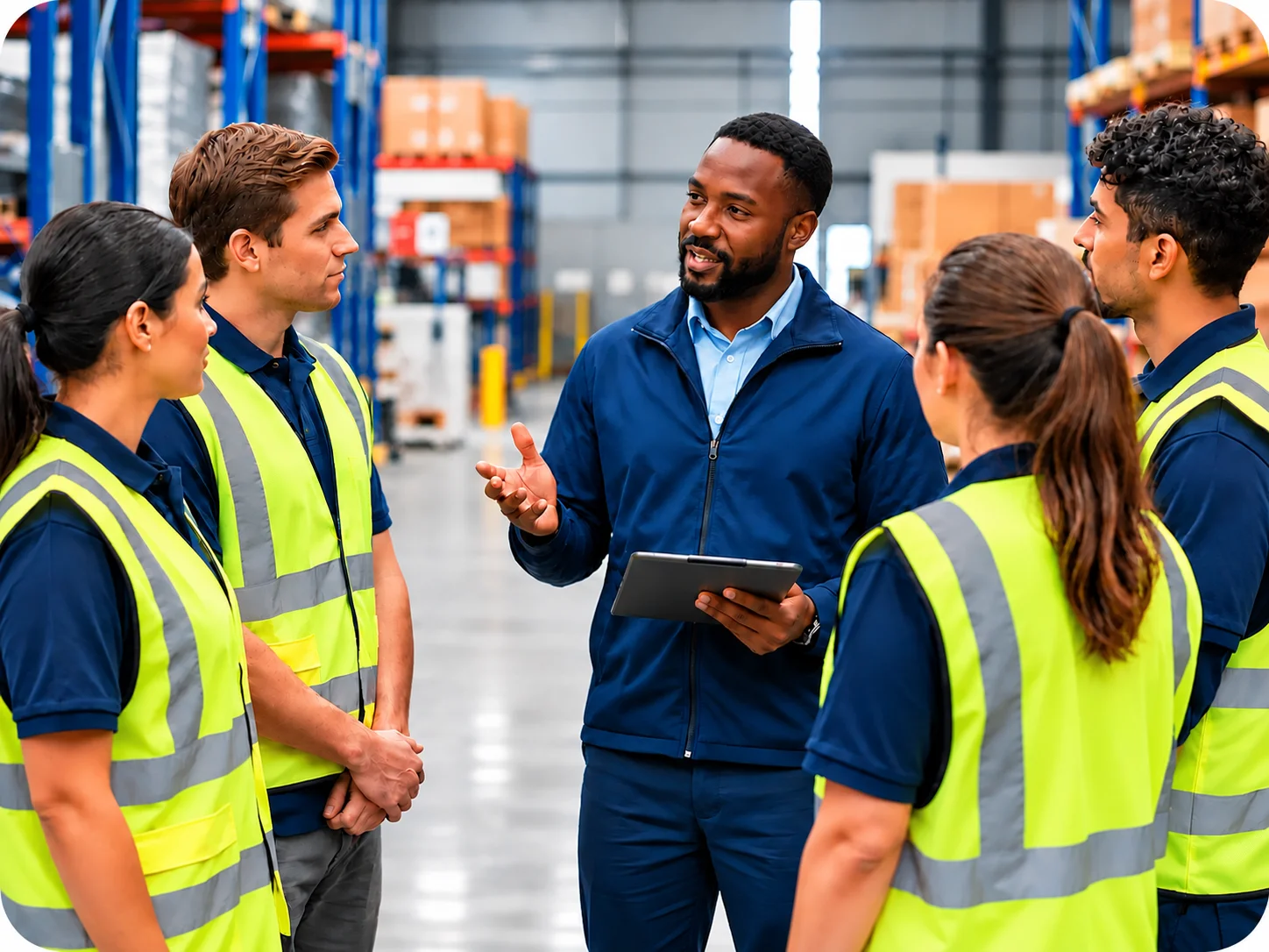Warehouse Safety Briefing In Action | EmployTest Supervisor leading a team meeting and assigning tasks to employees.