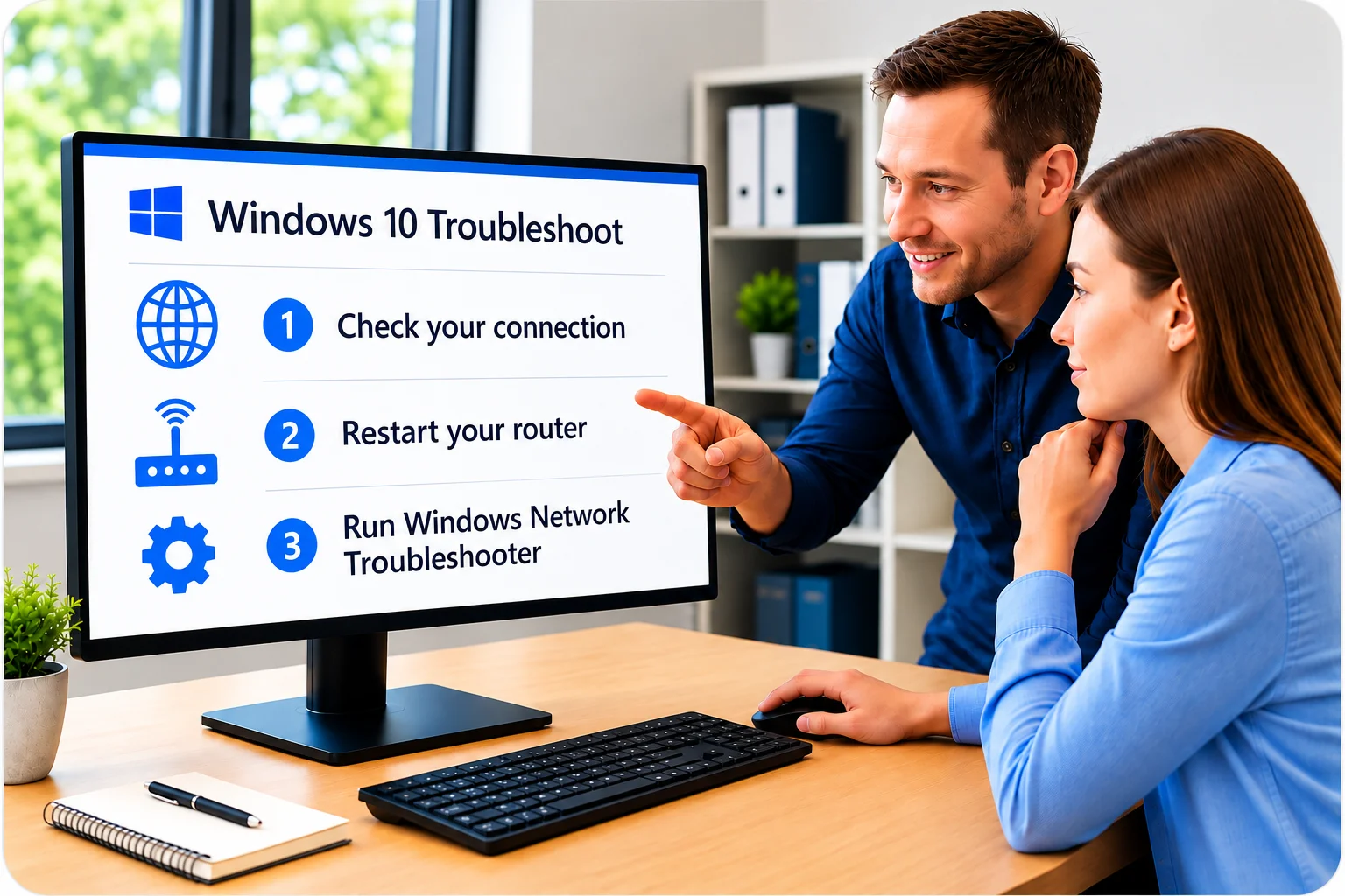 Windows 10 Troubleshooting Help At Work | EmployTest "Coworker helping a new hire with basic Windows tasks because of a digital skills gap"