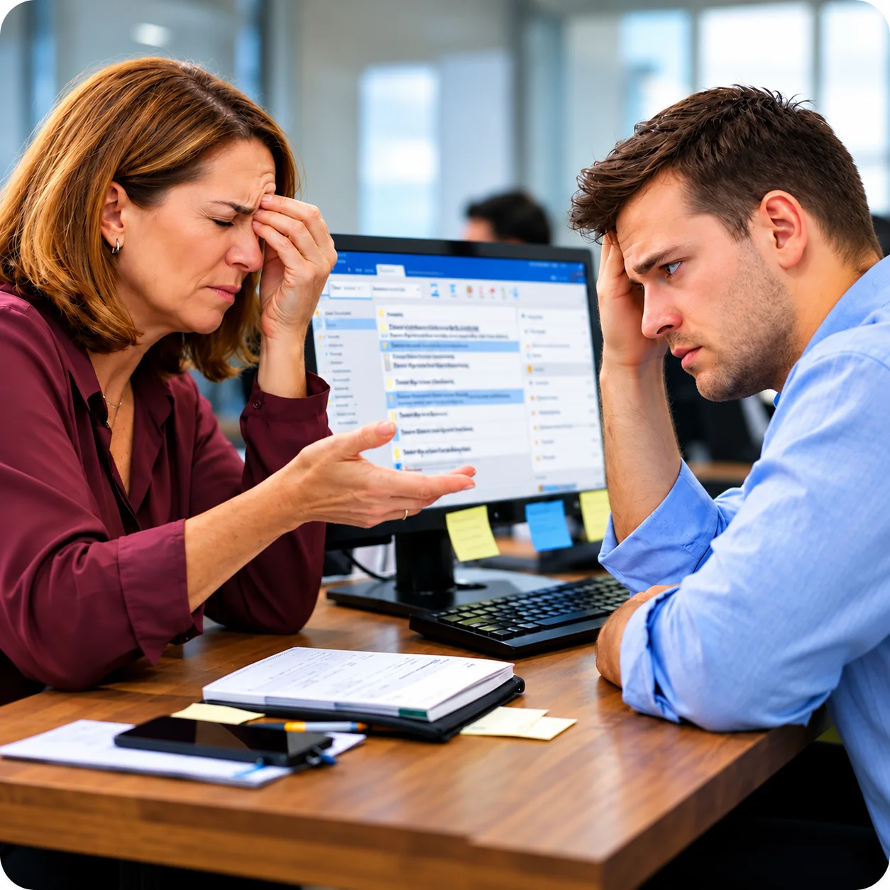 Tense Workplace Discussion At Busy Inbox | EmployTest Frustrated manager retraining a new hire who struggles with Microsoft Outlook on first week of work