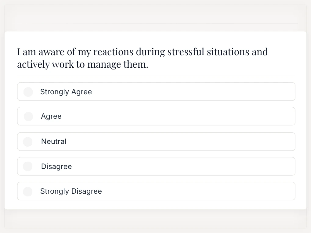 Emotional Intelligence Profile Sample Question | EmployTest Sample behavioral assessment question asking applicants how they manage their reactions during stressful situations, with five response options ranging from Strongly Agree to Strongly Disagree.