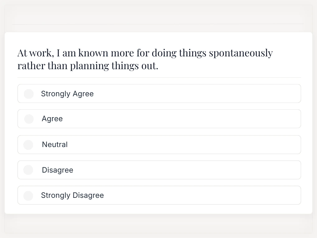 Emotional Intelligence Profile Test Sample Question | EmployTest Sample behavioral assessment question asking applicants whether they act spontaneously or prefer planning at work, with five response options ranging from Strongly Agree to Strongly Disagree.