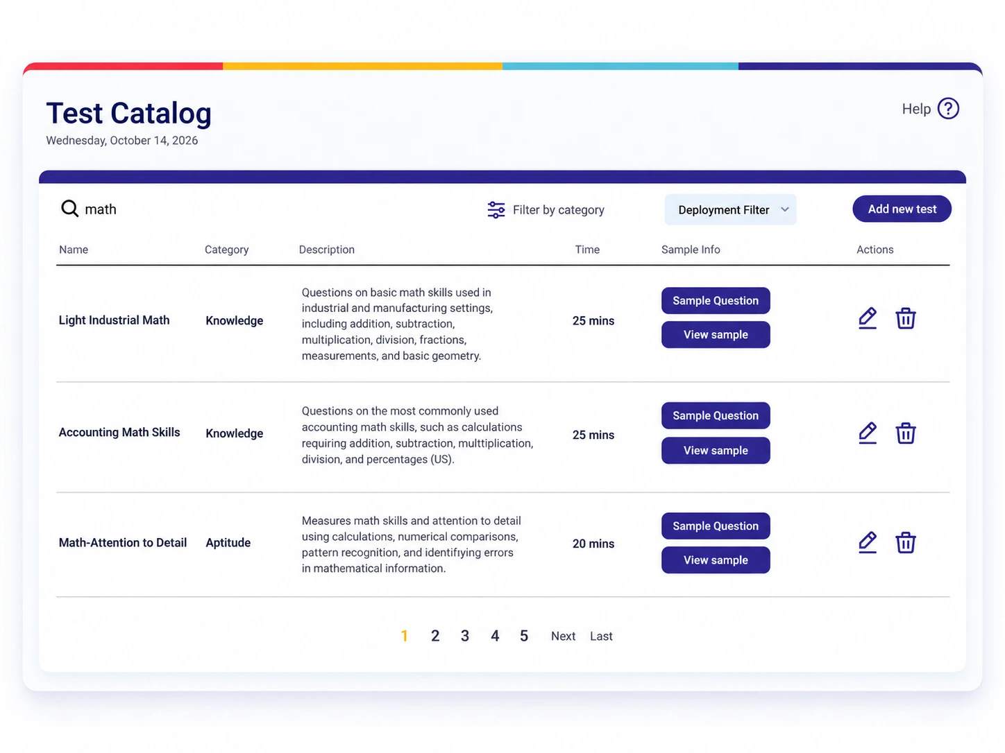 Employtest Math Test Catalog Dashboard | EmployTest EmployTest dashboard listing the Basic Math Skills Test alongside other math tests