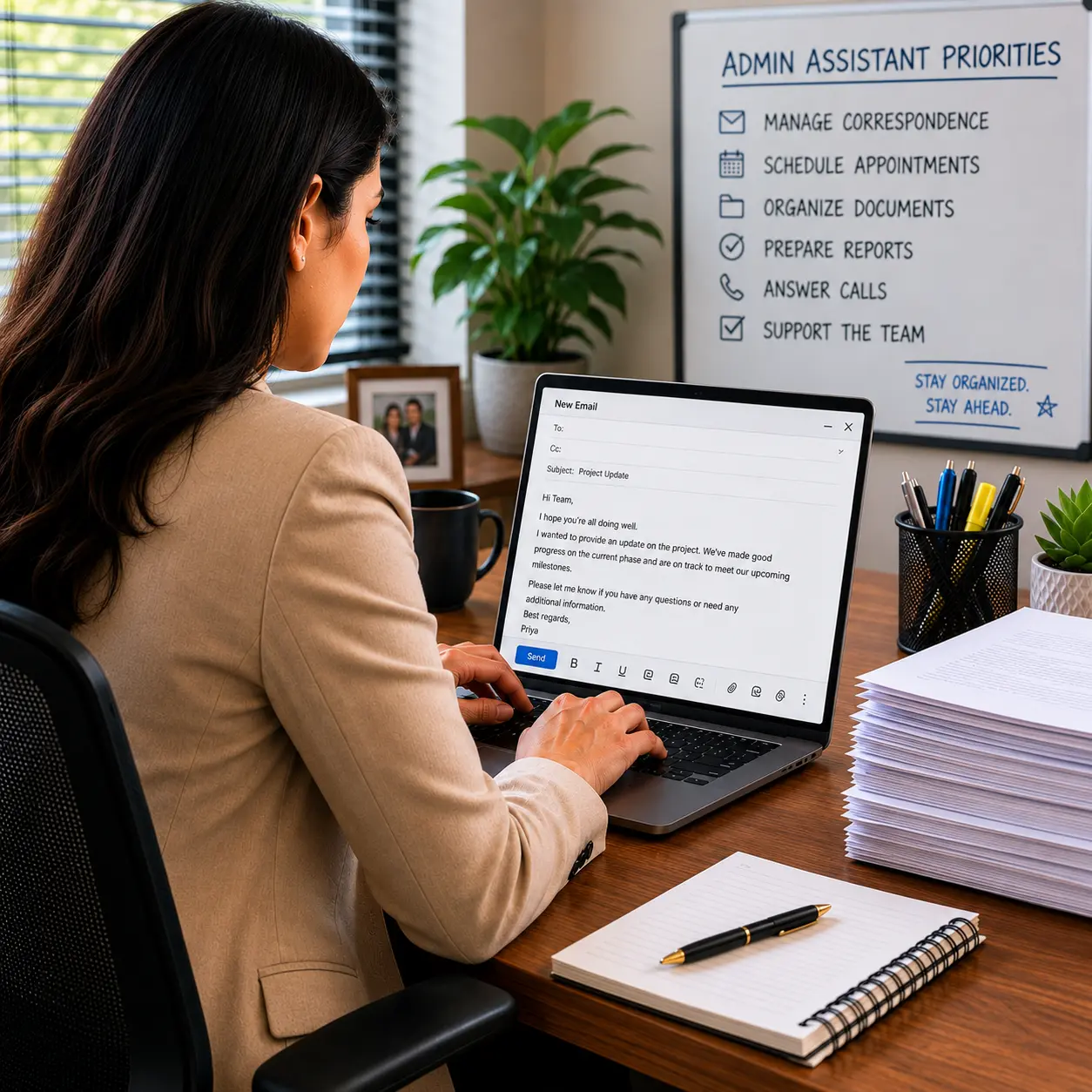 Focused Professional Working On Writing An Email | EmployTest Administrative professional using written communication skills in a workplace setting