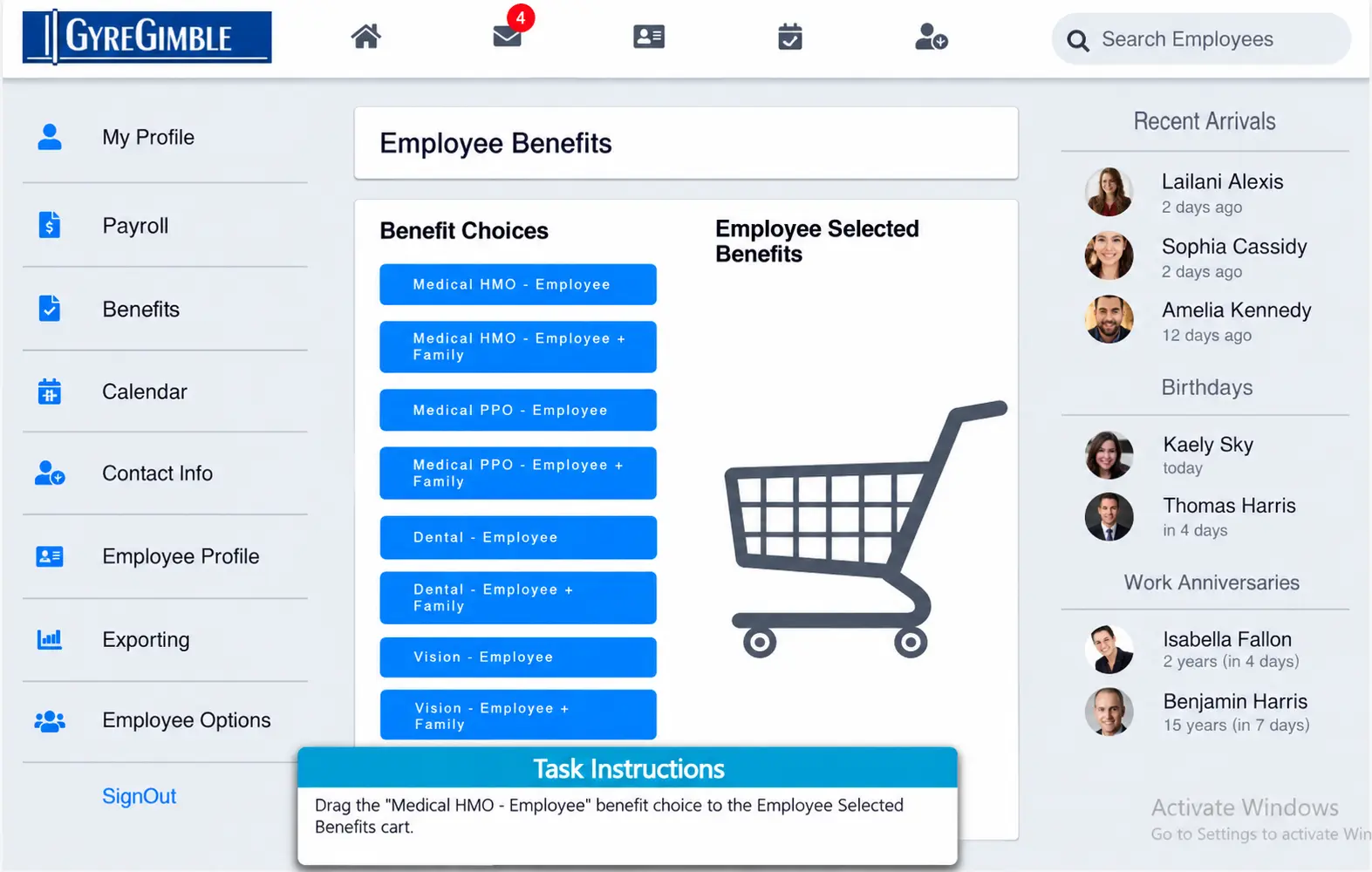 General Computer Literacy Sample Question | EmployTest Screenshot of a general computer literacy test showing an employee benefits portal with instructions to drag a medical insurance option into the selected benefits cart.