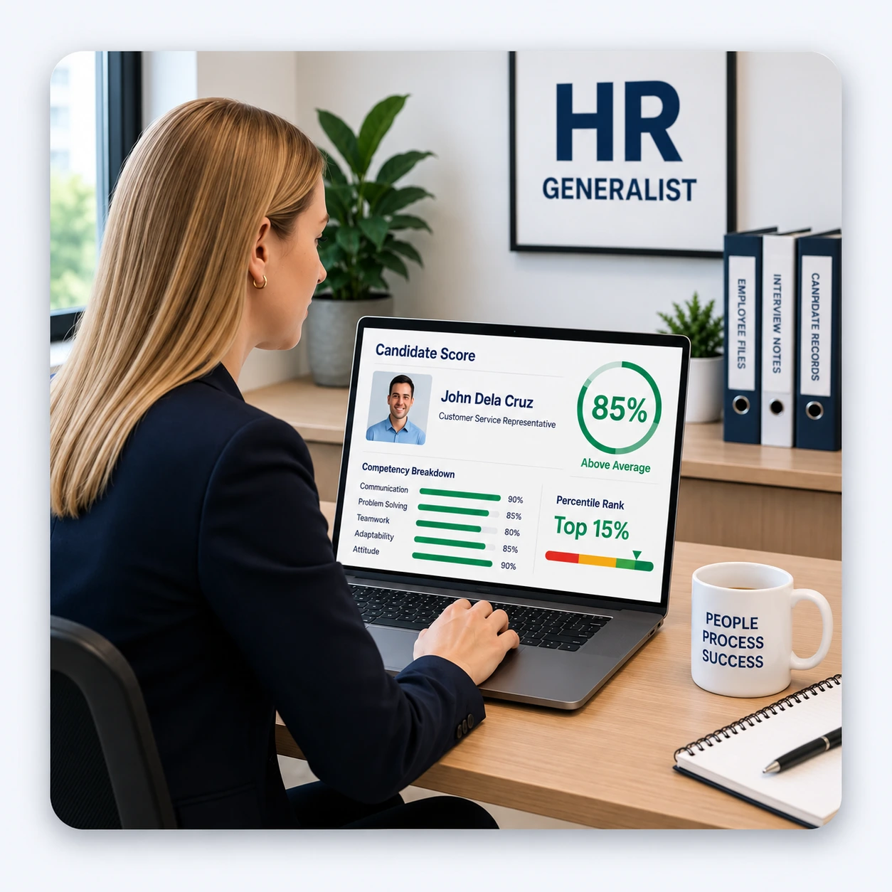 Hero Image Of An HR Generalist At A Desk With Employee Files And A Laptop Showing A Candidate Score HR generalist reviewing employee files and candidate scores from human resources testing