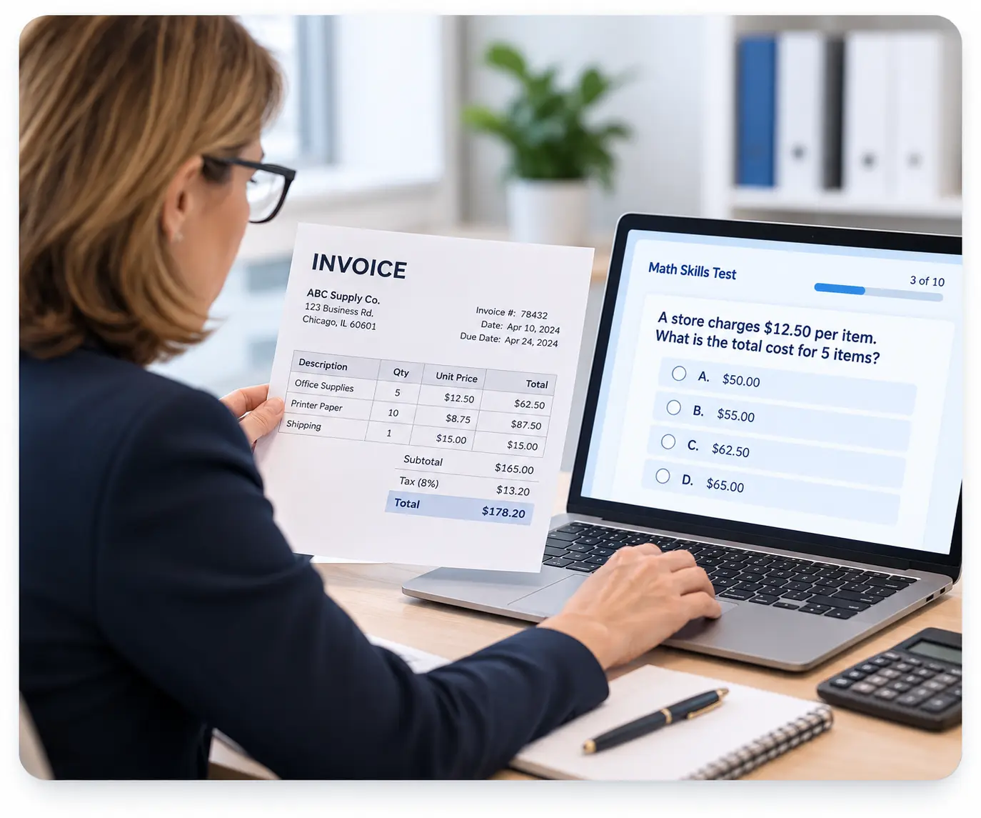 Invoice Review And Math Skills Test | EmployTest Hiring manager reviewing a pre-employment math test question on a laptop next to a printed invoice