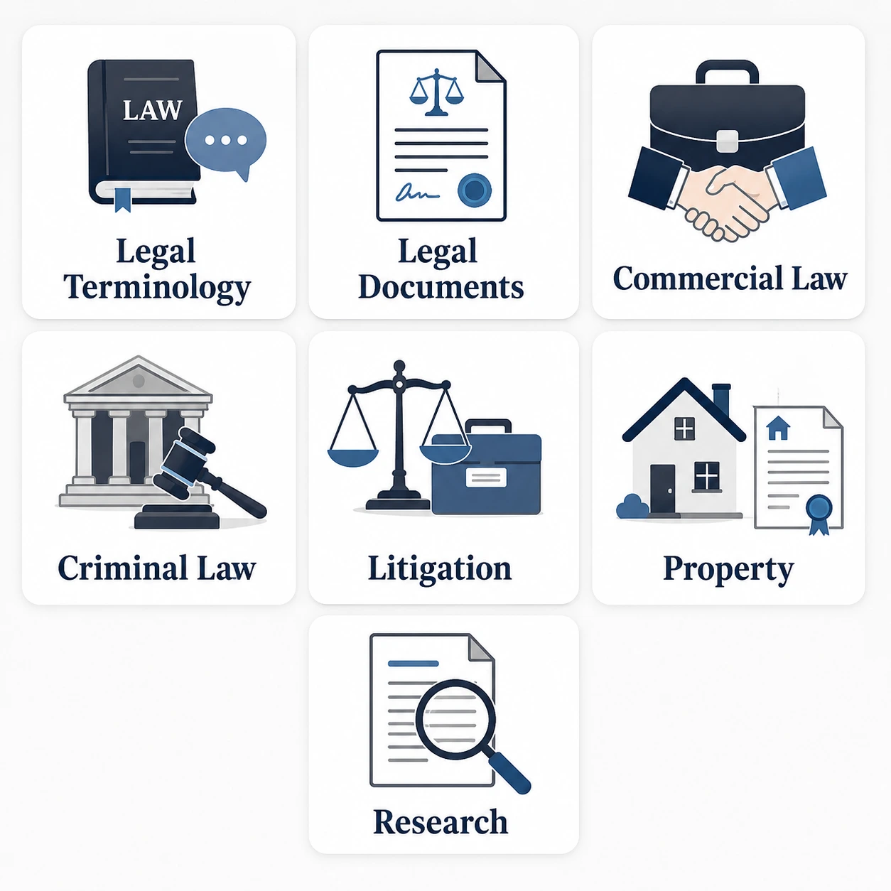 Legal Topics Dashboard Layout | EmployTest Paralegal test topic areas: legal terminology, documents, commercial law, criminal law, litigation, property, research