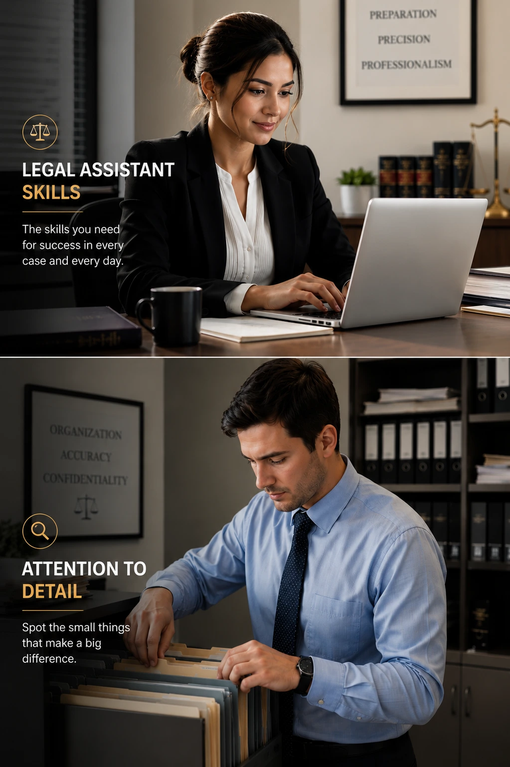 Split portrait image of two legal assistants in a law office. Top image shows a female paralegal typing on a laptop with overlay text “Legal Assistant Skills.” Bottom image shows a male legal assistant organizing files with overlay text “Attention to Detail.” Professional legal office setting with modern, clean design.