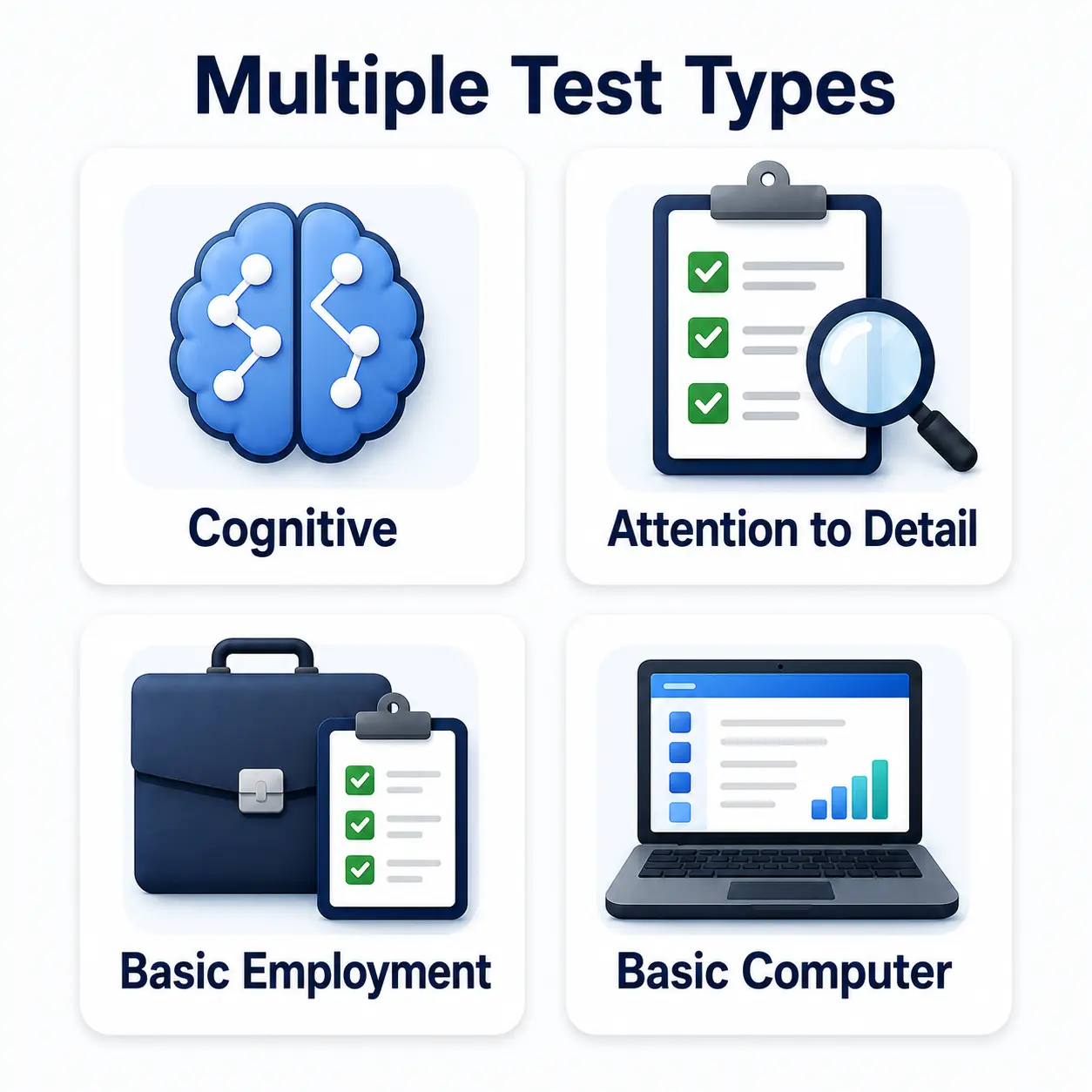 Multiple Test Types Infographic Design | EmployTest industrial skills assessment for hiring combining multiple pre-employment tests