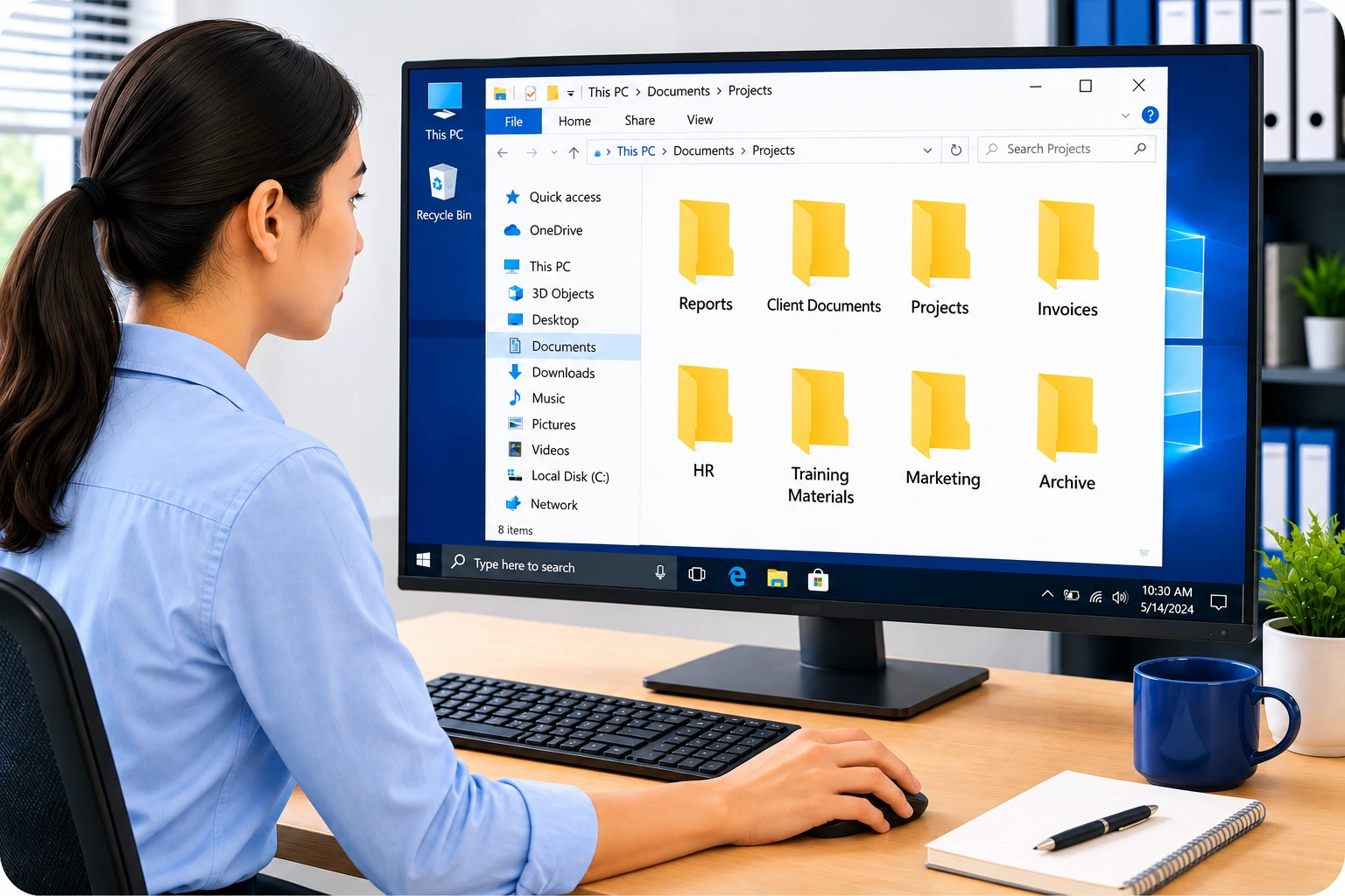 Office Worker At A Desk Organizing Digital Folders On A Desktop Monitor | EmployTest "Administrative assistant using Windows file management skills tested by a windows 10 assessment test"