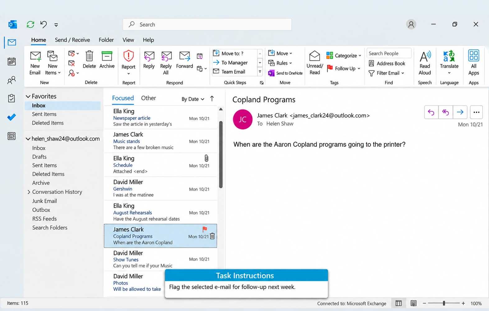 Outlook Inbox With Copland Programs Email | EmployTest Screenshot of a general computer literacy test showing a Microsoft Outlook inbox with instructions to flag a selected email for follow-up next week.