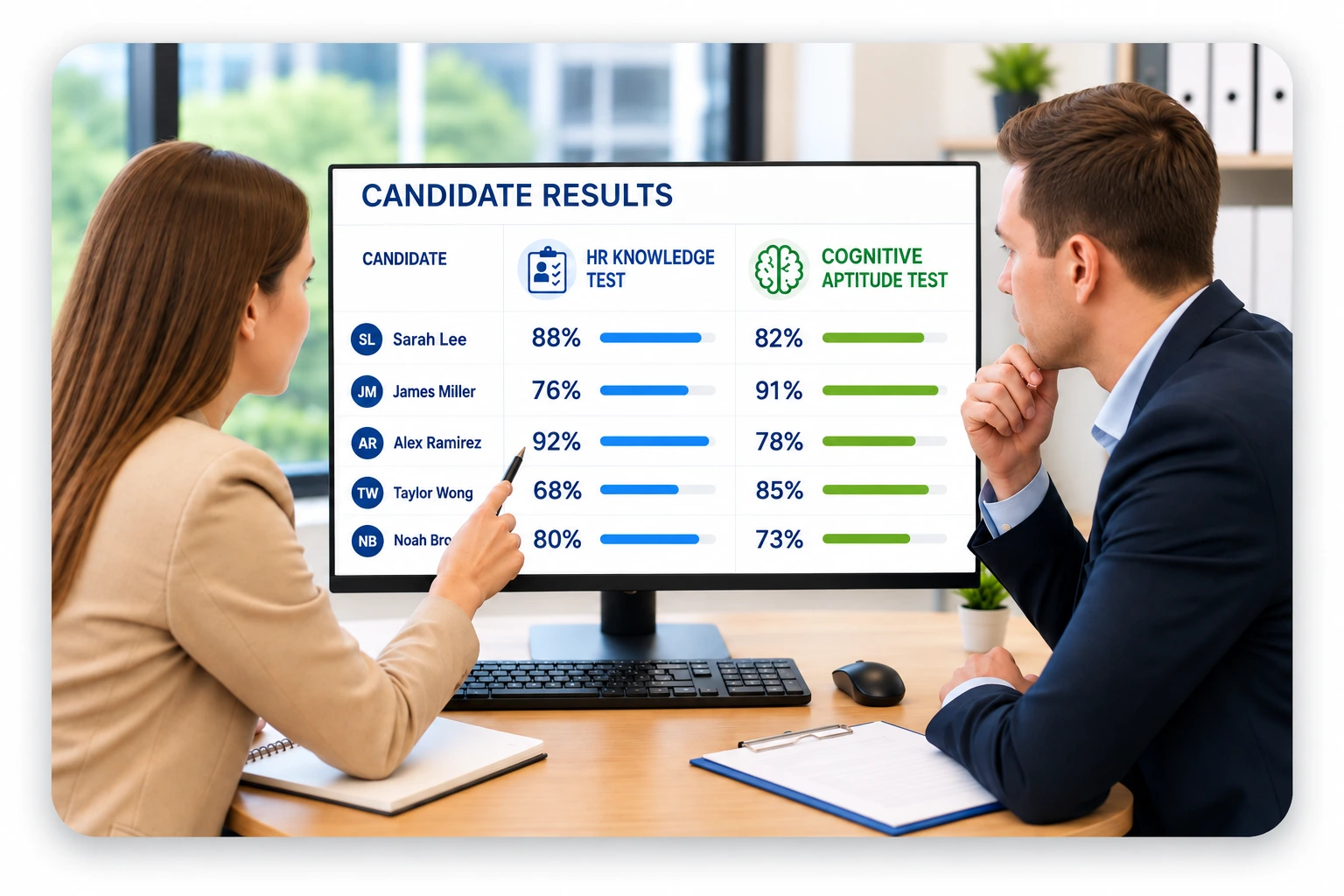 Photo Of A Hiring Manager And HR Coordinator Comparing Candidate Results On A Monitor Hiring manager and HR coordinator comparing candidate results from a human resources skills test