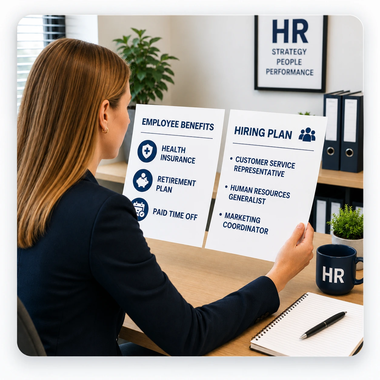 Photo Of An HR Professional Reviewing A Stack Of Employee Benefit And Hiring Documents HR professional reviewing benefits and hiring paperwork covered by a human resources test