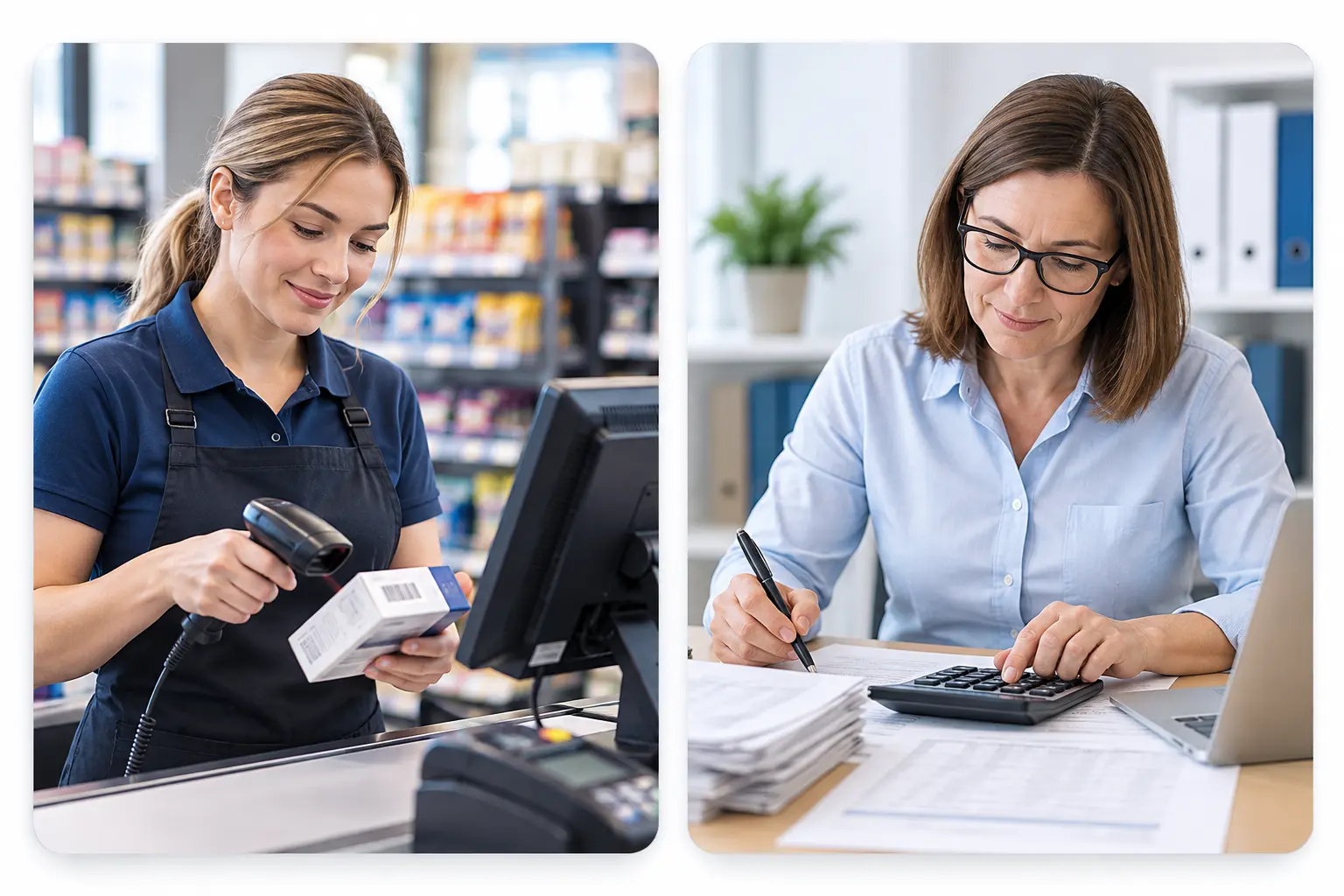 Retail Checkout And Bookkeeping Professionals | EmployTest Cashier and bookkeeper at work, two job positions that use math every day