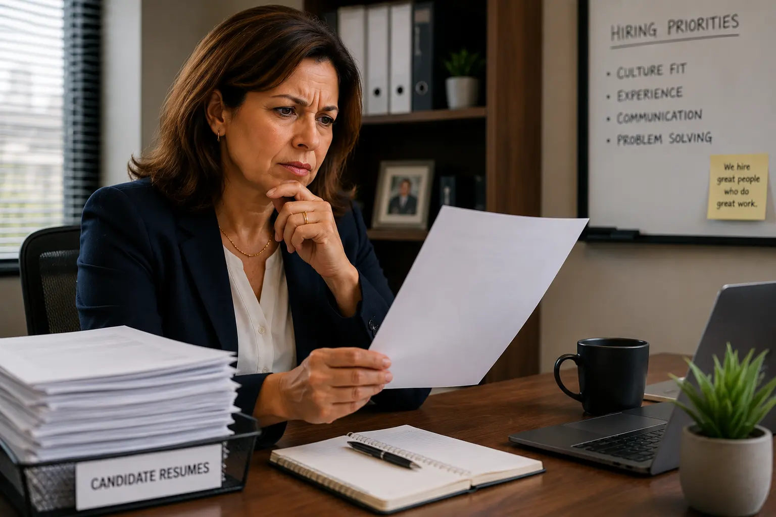 Reviewing Candidates In The Office | EmployTest Middle-aged female hiring manager reviewing a stack of candidate resumes at her desk while evaluating job applicants in a professional office setting. Human resources recruitment and employee hiring process.