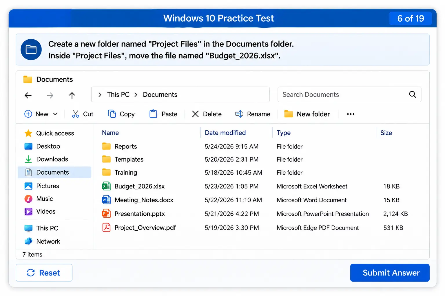 Screenshot Of An Interactive Windows Simulation Question | EmployTest Windows 10 practice test sample question showing an interactive file management simulation