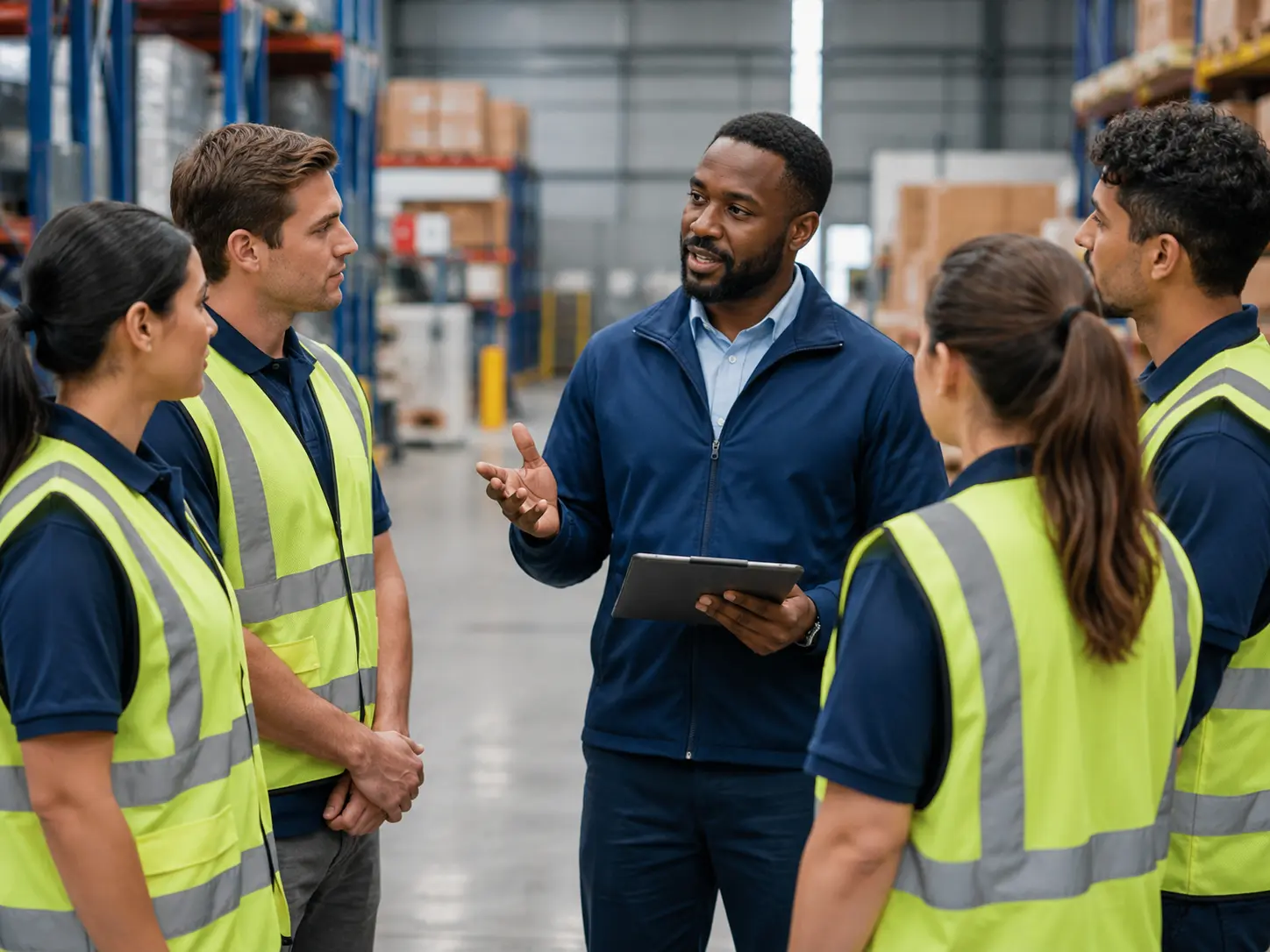 Team Briefing In Industrial Warehouse Supervisor leading a team meeting and assigning tasks to employees.