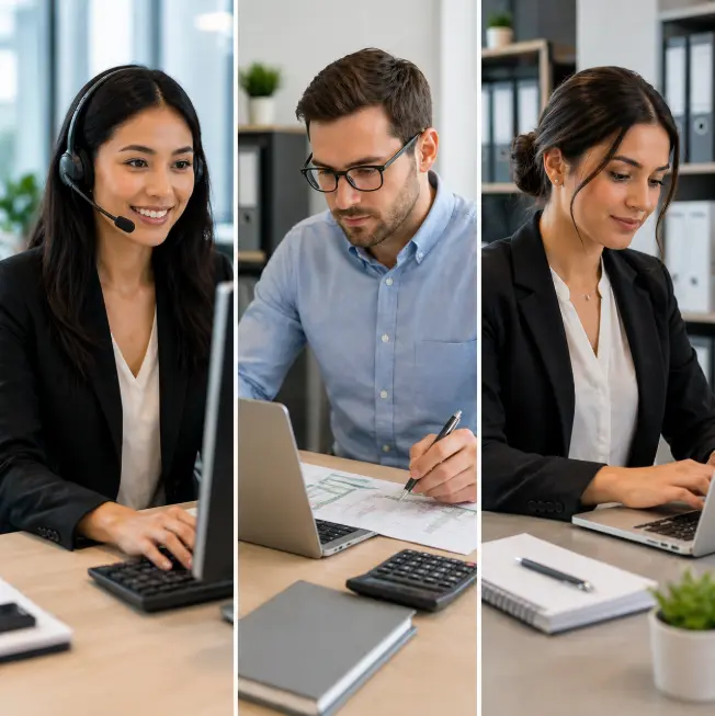 Three Professionals In Different Roles Roles that benefit from pre-employment typing and data entry tests.