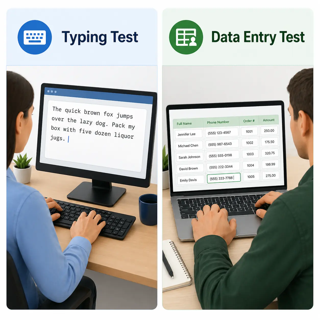 Typing Vs Data Entry Comparison Side-by-side comparison showing a typing test with paragraph input and a data entry test with structured fields, highlighting WPM vs KPH scoring.