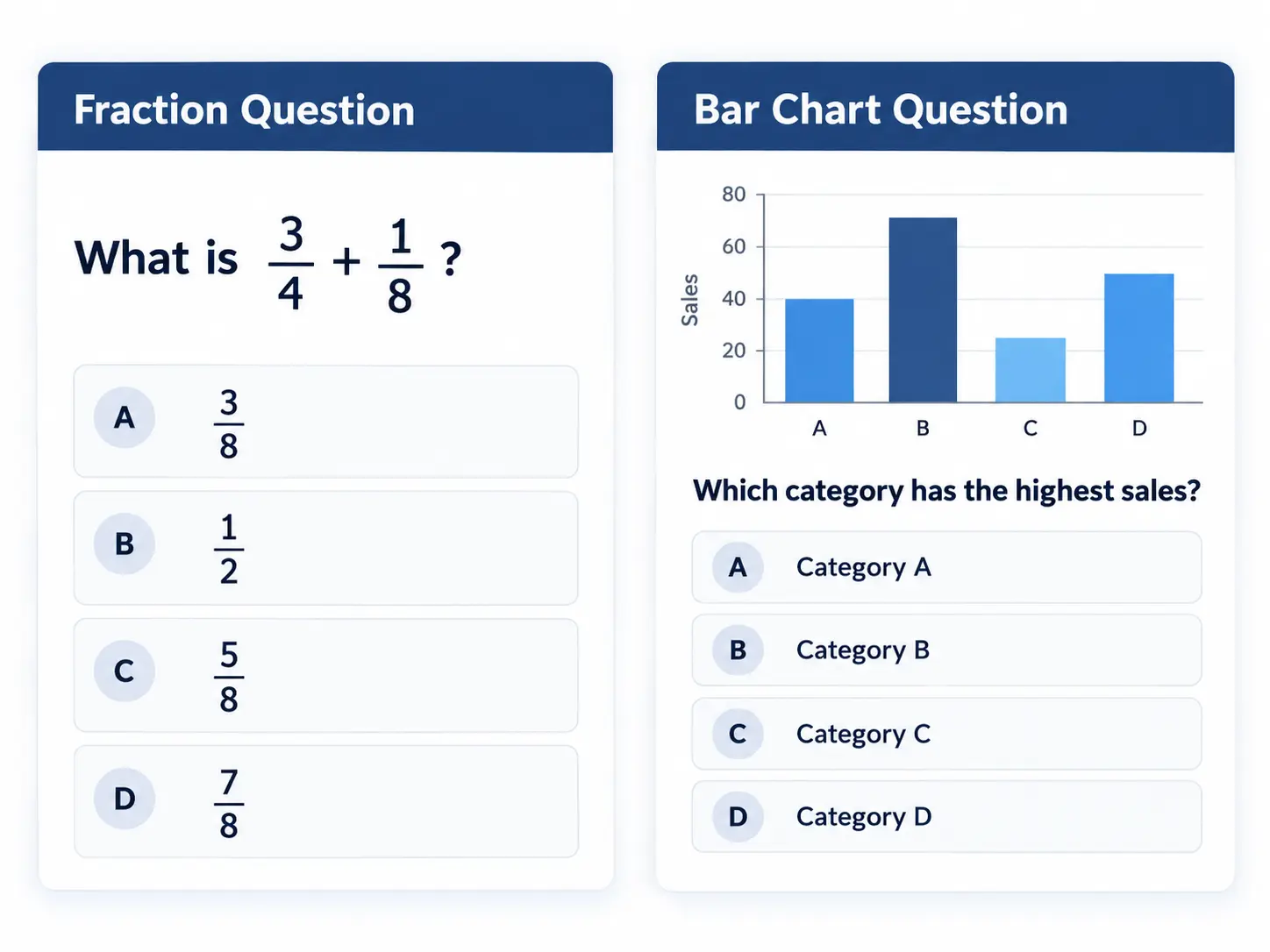 Fraction Calculation Question Vs A Bar Chart Question | EmployTest Comparison of a basic math calculation question and a numerical reasoning chart question