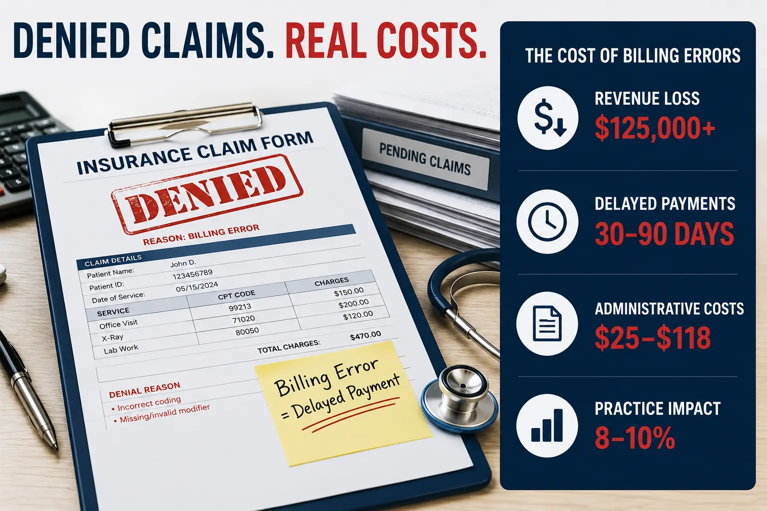 Denied Claims And Billing Errors Breakdown | EmployTest Medical billing form showing a denied insurance claim, illustrating the financial cost of hiring errors in medical offices